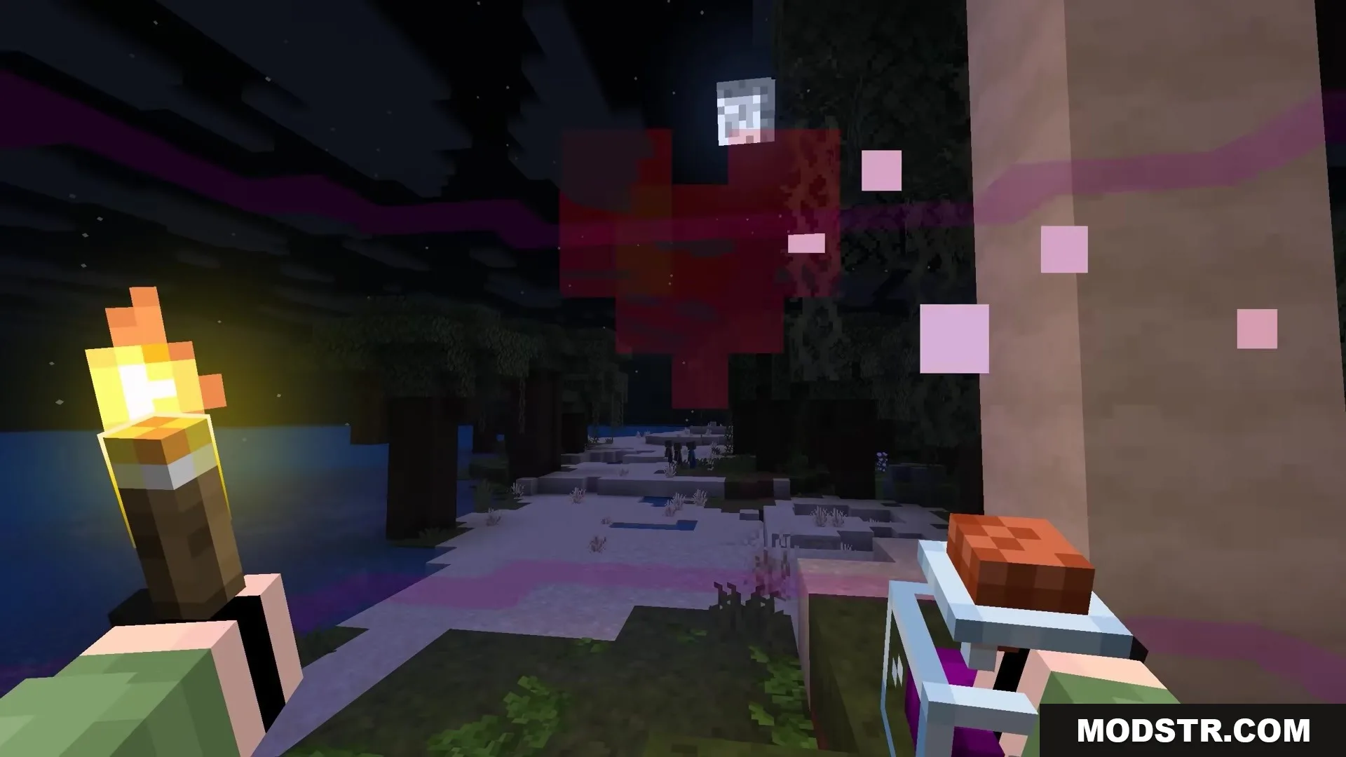 Bits and Balance Mod Screenshot 5 A player holding a torch and potion at night with heart effects
