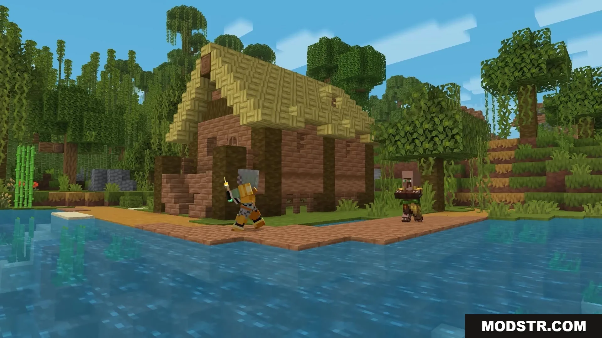 Bits and Balance Mod Screenshot 9 A player and a villager stand outside a wooden house in a jungle