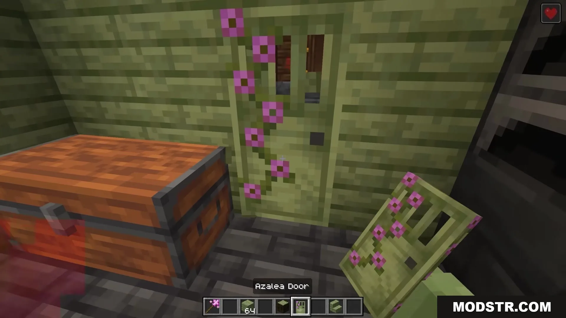 Bits and Balance Mod Screenshot 3 Player holding an Azalea Door item next to a flowery door and chest