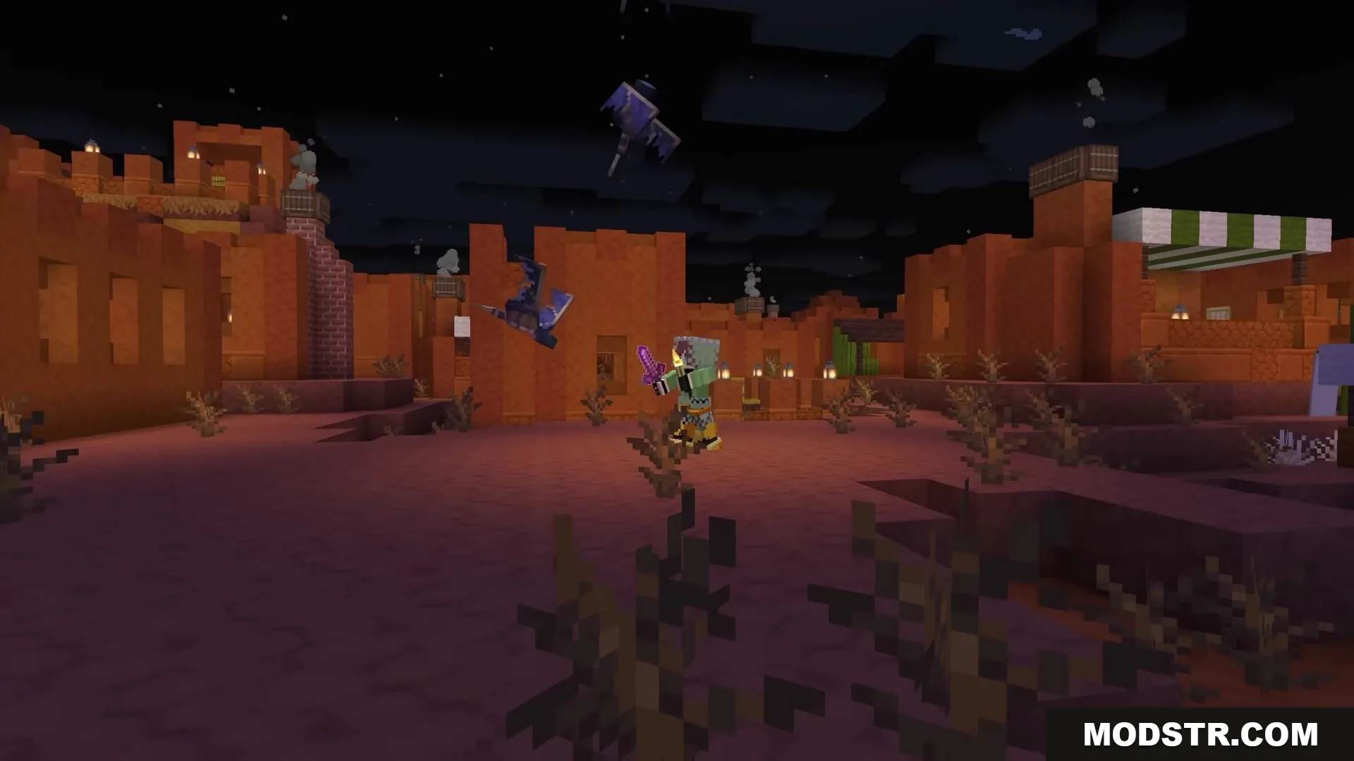 Bits and Balance Mod Screenshot 8 A player fighting Phantoms with a sword in a desert village at night