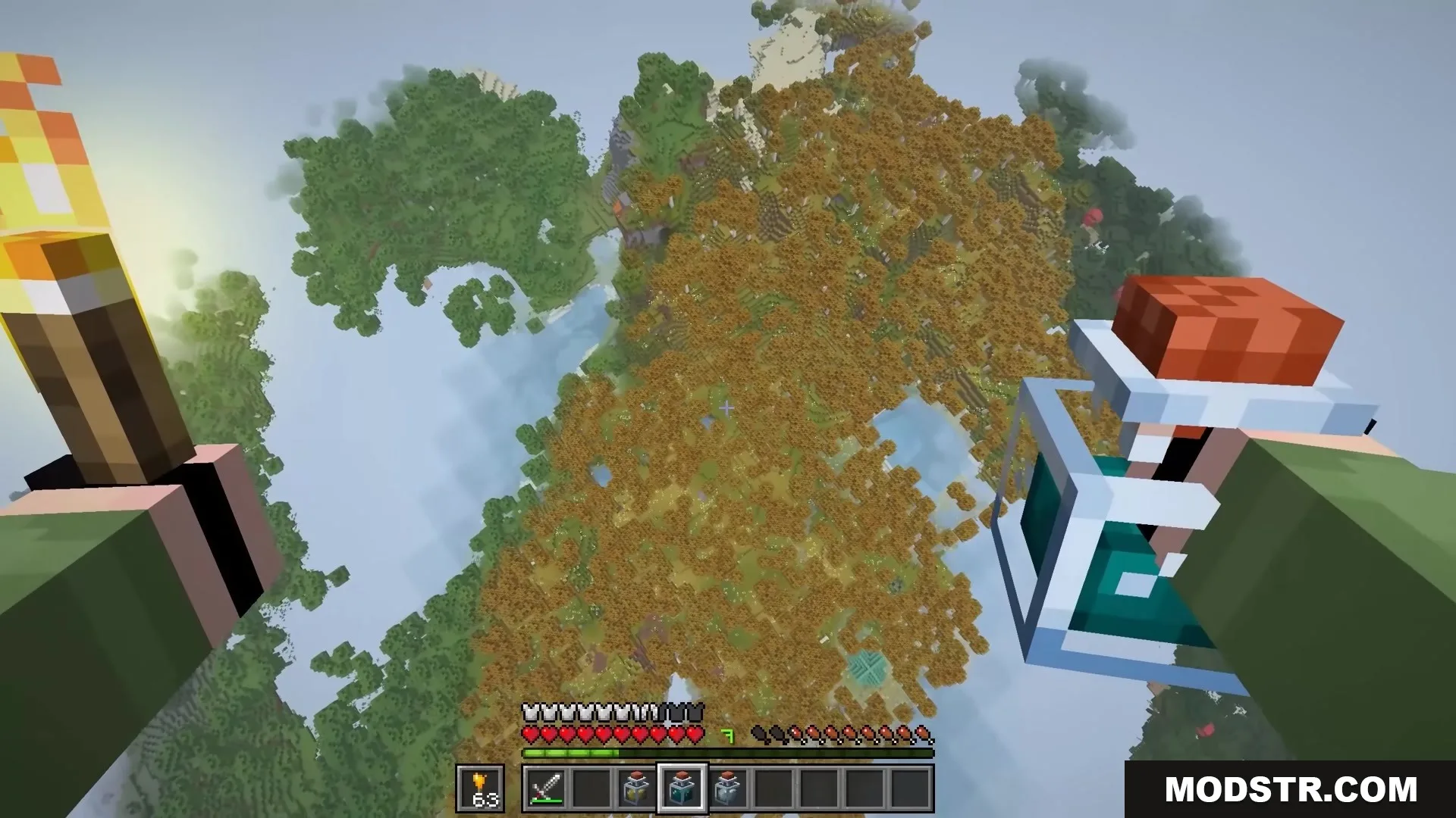 Bits and Balance Mod Screenshot 6 Aerial view of a player flying over a dense autumn forest