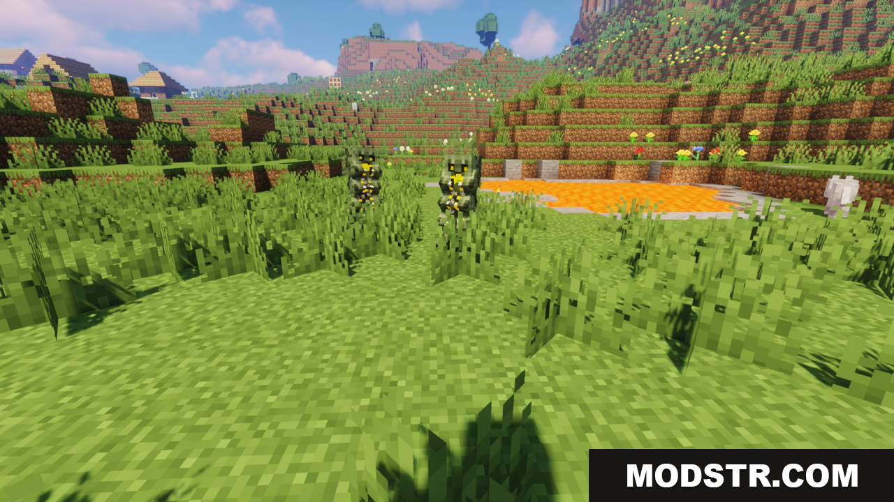 Blues Mimic Creepers Texture Pack Resource Pack Screenshot 7 Redesigned creepers with glowing yellow details walking through tall green grass