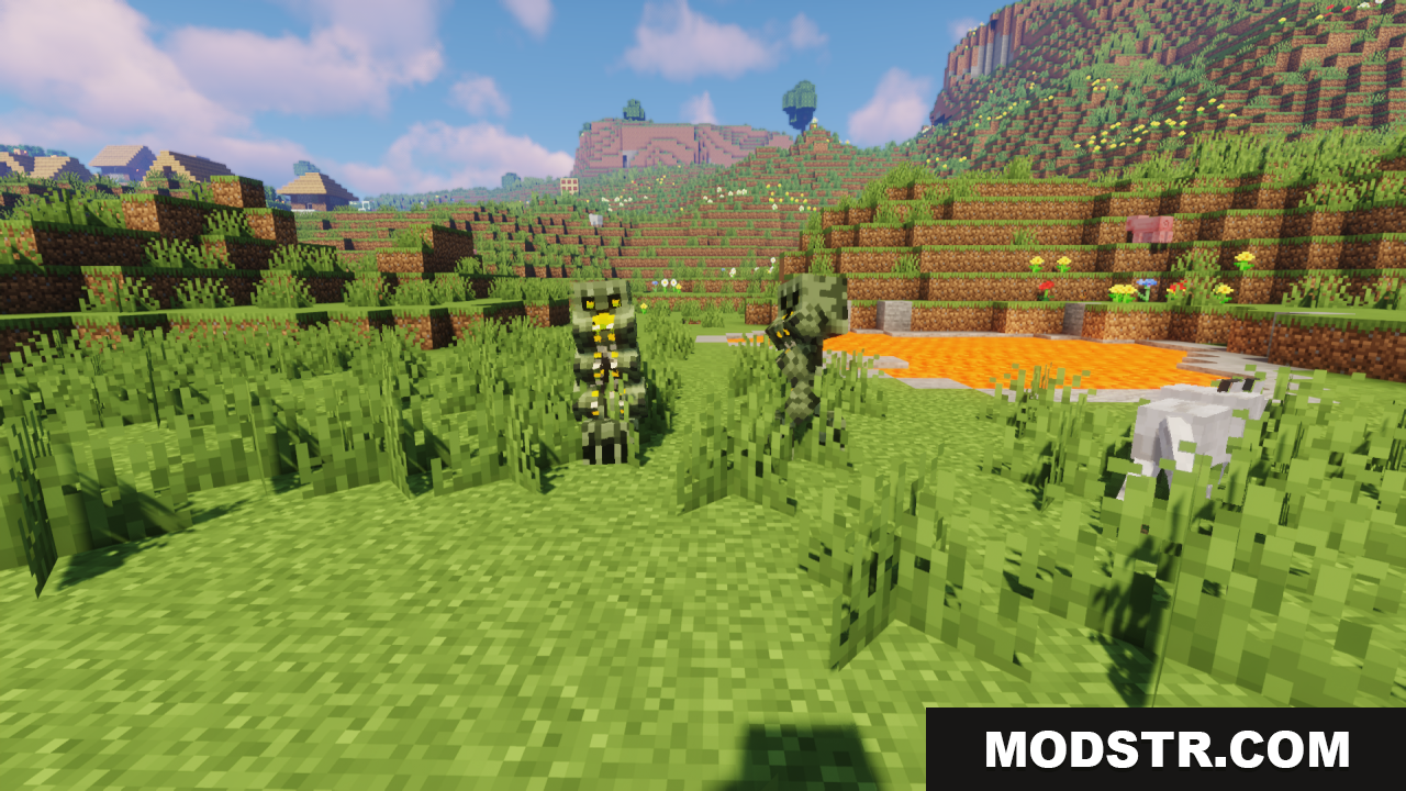 Blues Mimic Creepers Texture Pack Resource Pack Screenshot 6 Custom creeper models from Blues Mimic Creepers in a grassy field