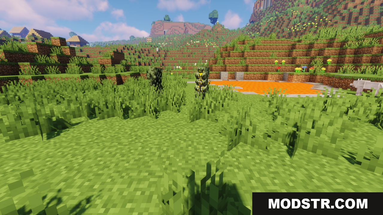 Blues Mimic Creepers Texture Pack Resource Pack Screenshot 8 Two modified creepers standing near a lava pool in the overworld