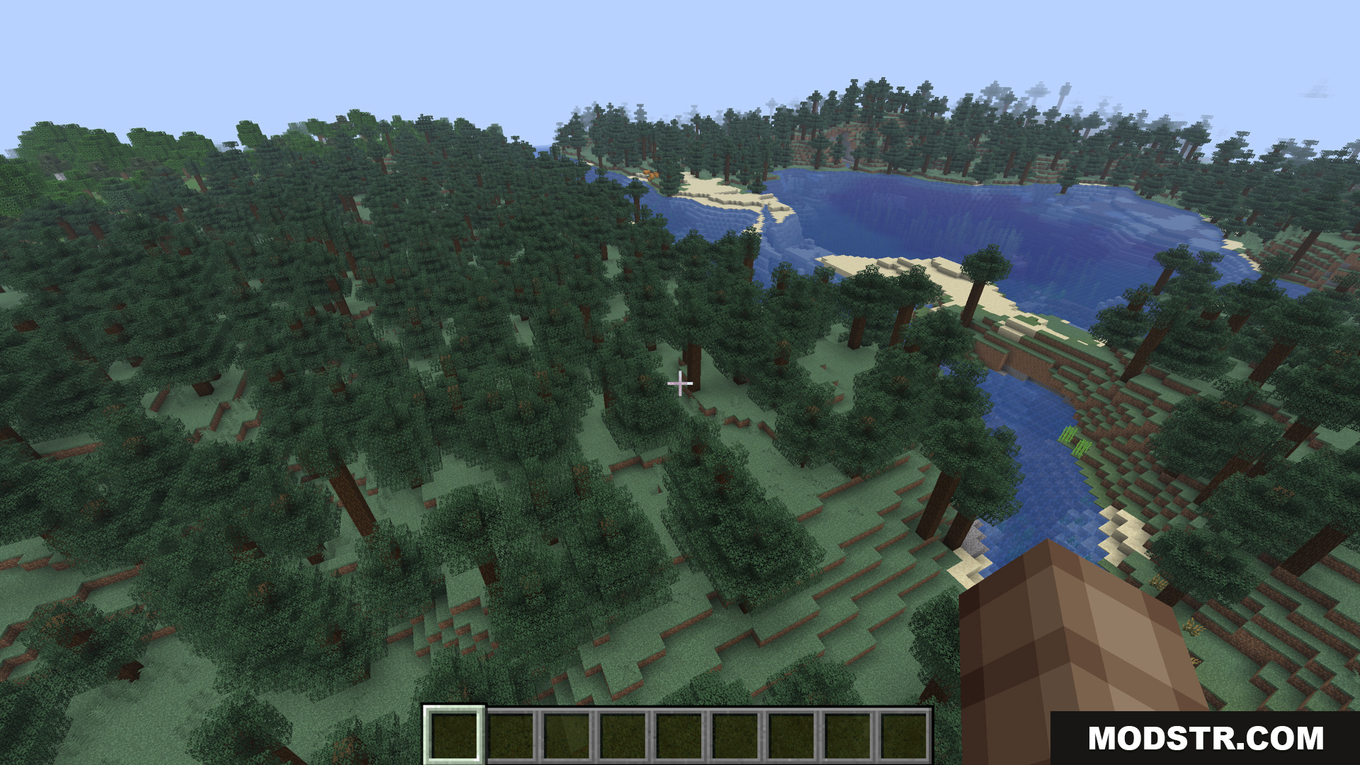 A dense taiga forest next to a river or lake