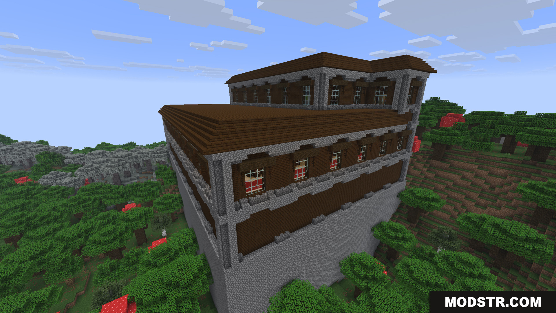 Large wooden mansion building generated on top of a steep cliff