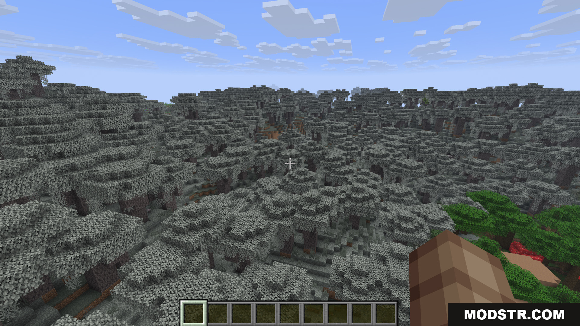 Dense custom forest biome featuring many trees with light grey leaves
