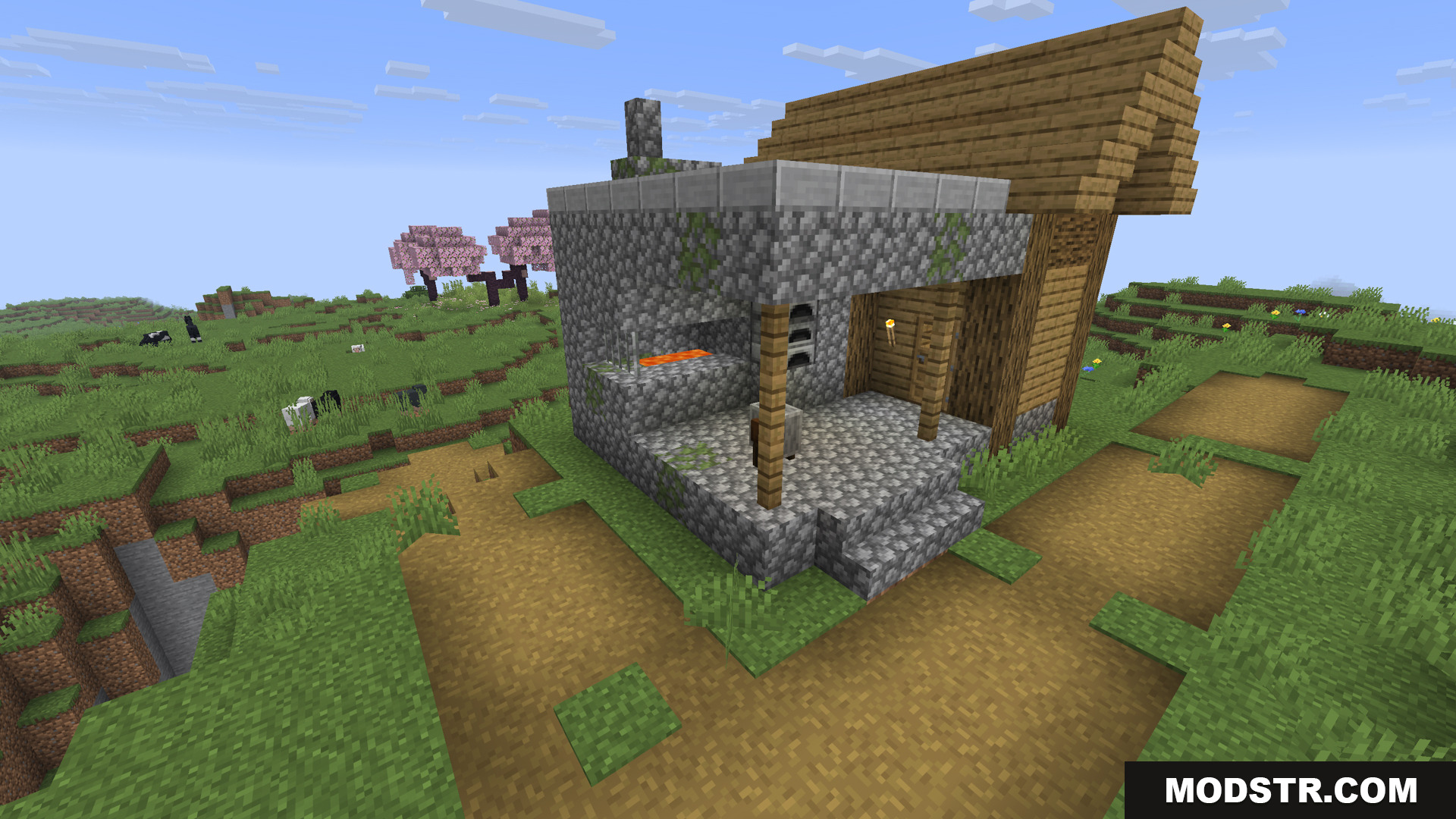 Close up of a village blacksmith building with lava