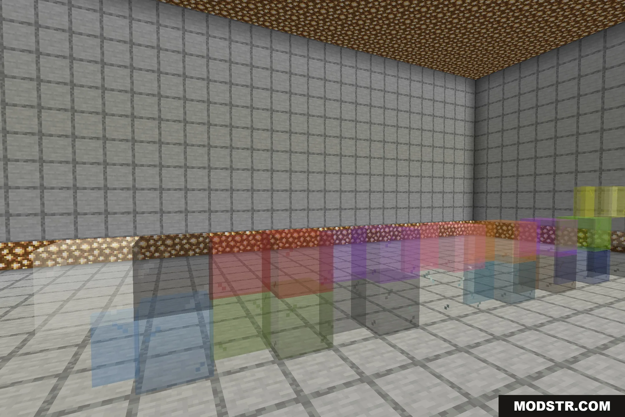 BorderlessGlass Resource Pack Screenshot 3 Stained glass blocks showing the borderless effect inside a stone room