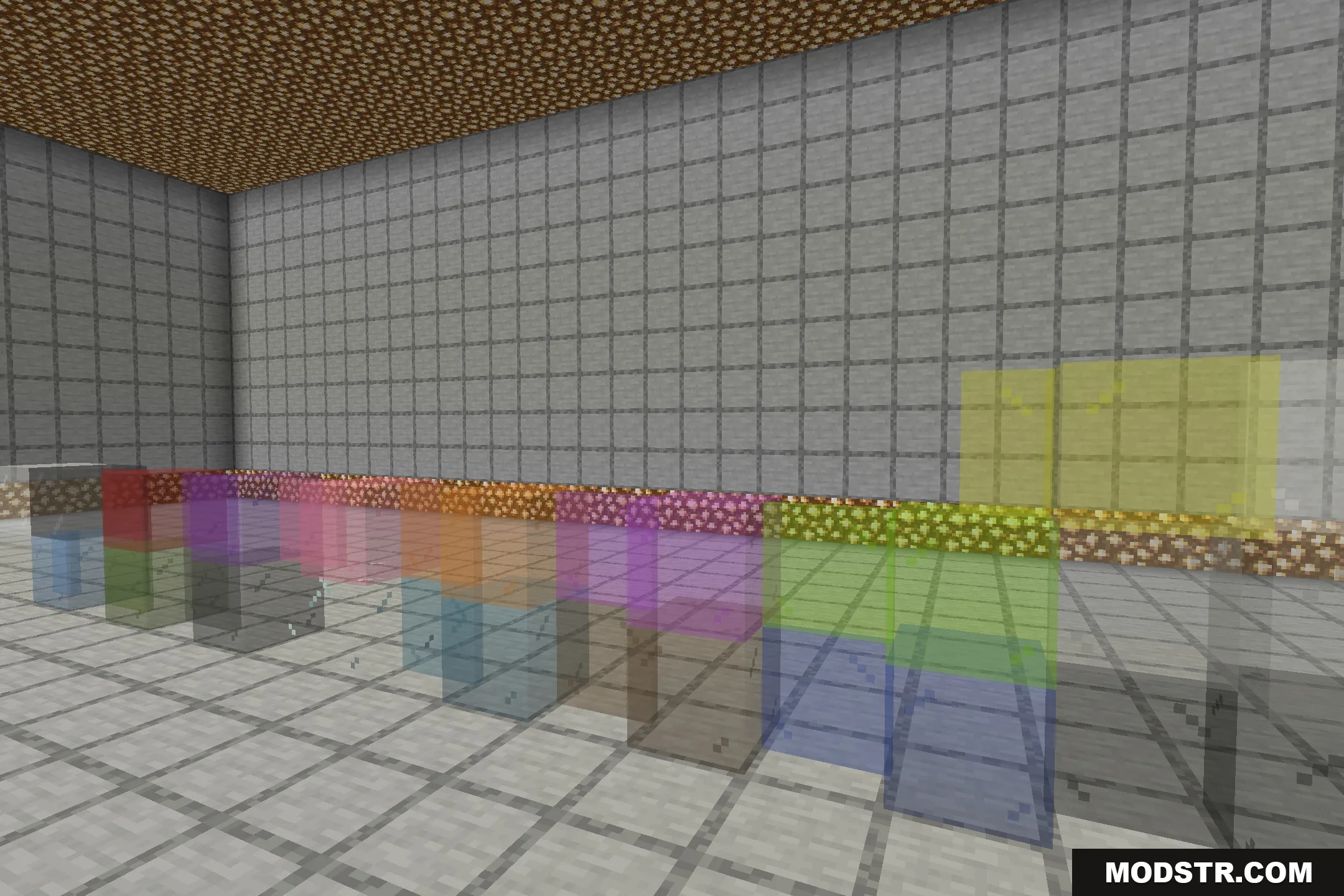 BorderlessGlass Resource Pack Screenshot 2 Perspective view of borderless stained glass blocks on a gray stone floor