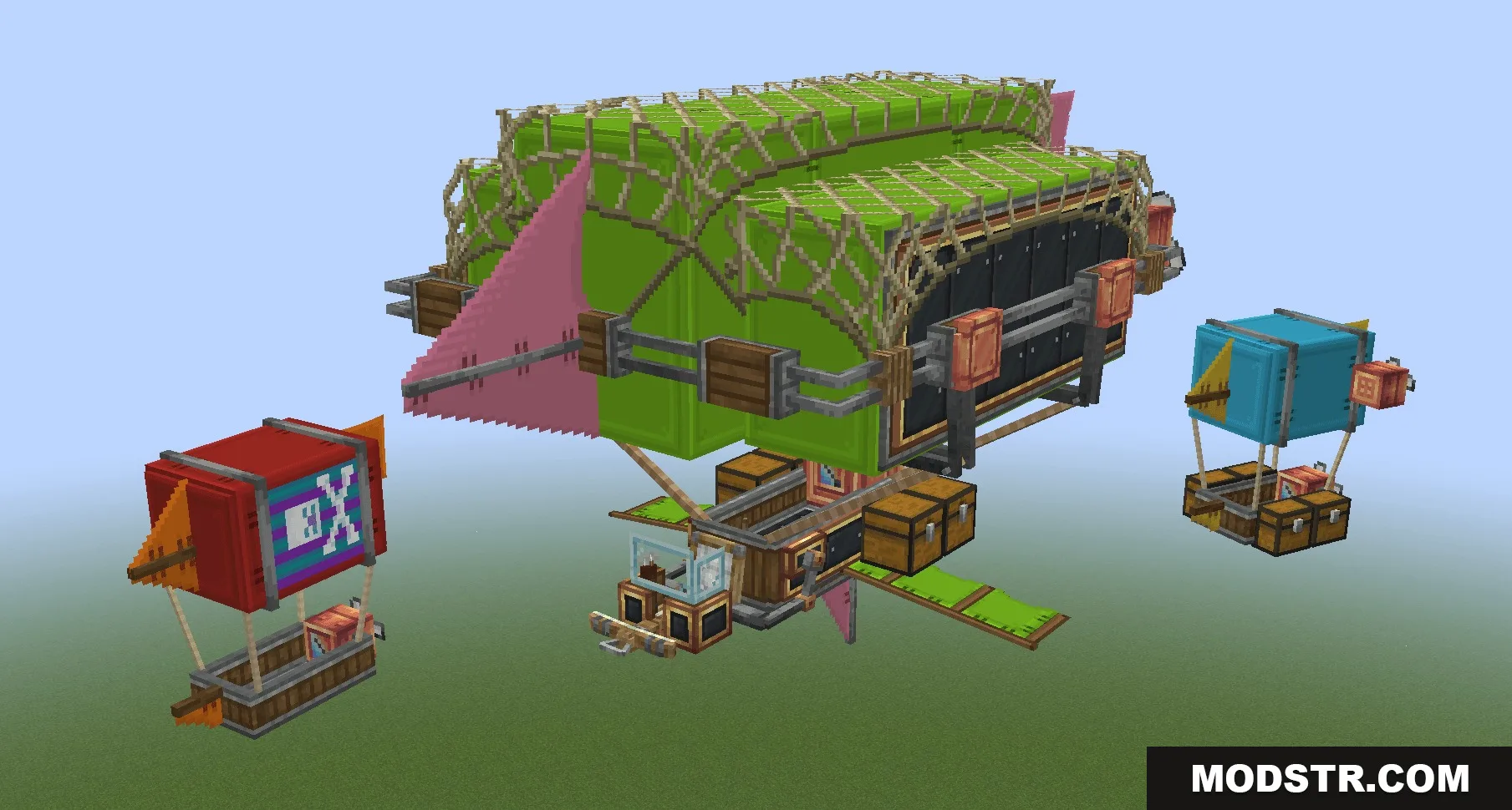 Brassbound Dreadnoughts Resource Pack Screenshot 2 Three colorful airships with industrial designs and mechanical wings flying in the sky