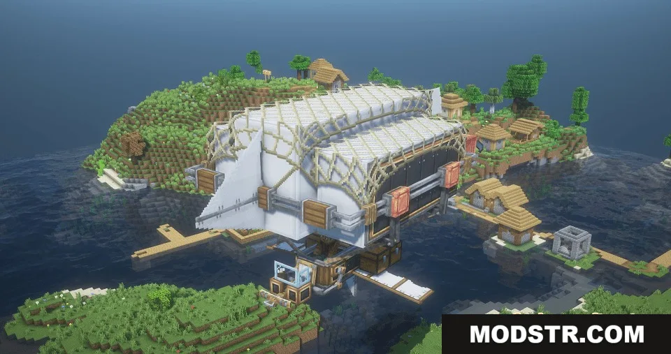 Brassbound Dreadnoughts Resource Pack Screenshot 8 An industrial warship with white sails and andesite casing flies over a village