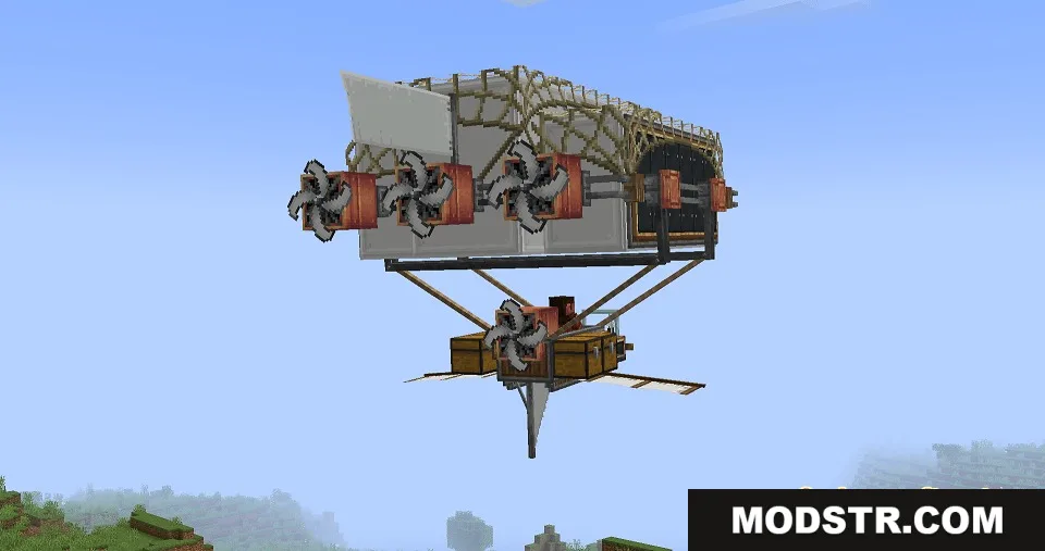 Brassbound Dreadnoughts Resource Pack Screenshot 6 Side view of a mechanical airship featuring propellers and industrial machinery parts