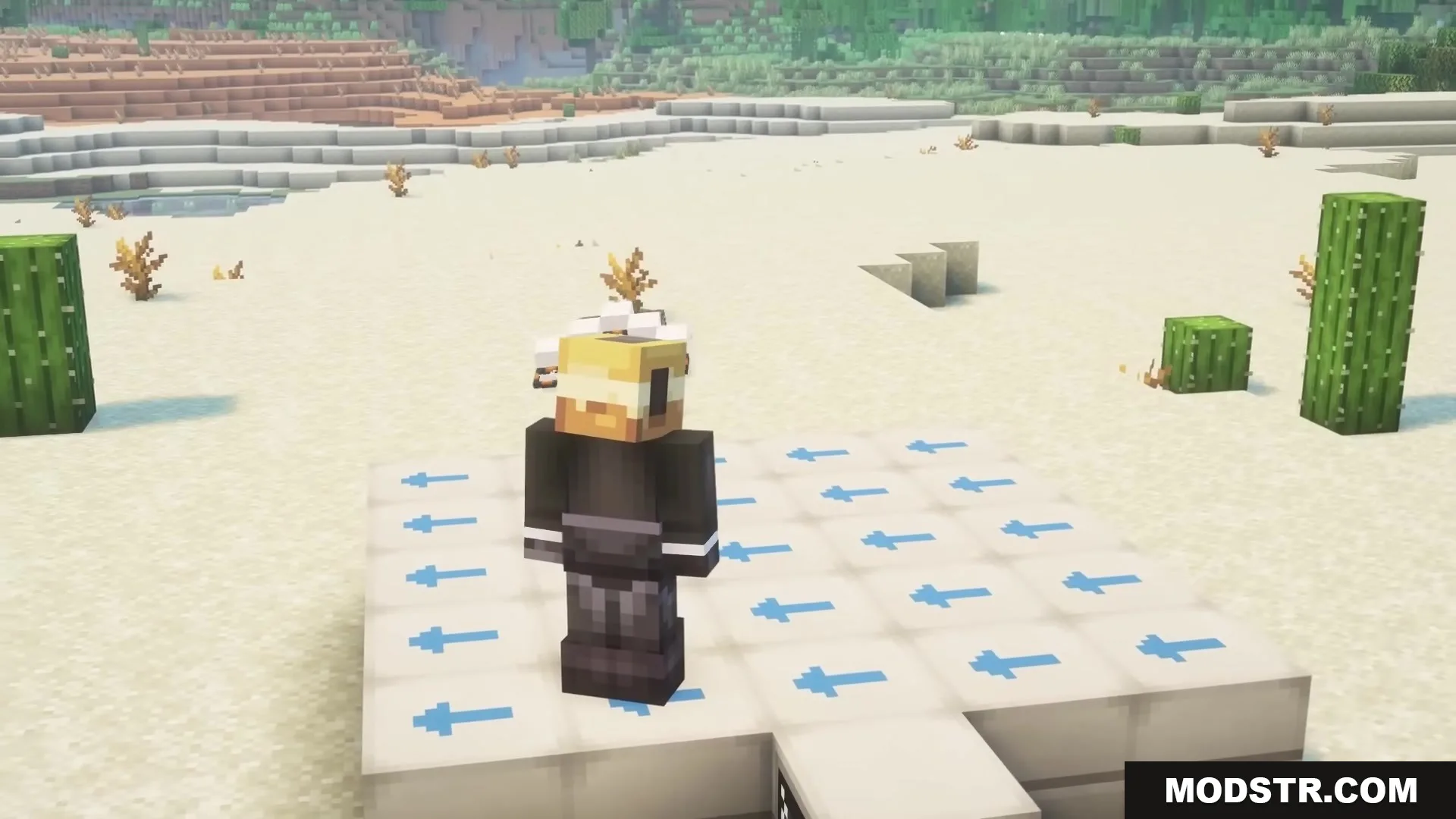 Buddy Drones Mod Screenshot 10 A player stands on white blocks with blue arrows and a hovering drone