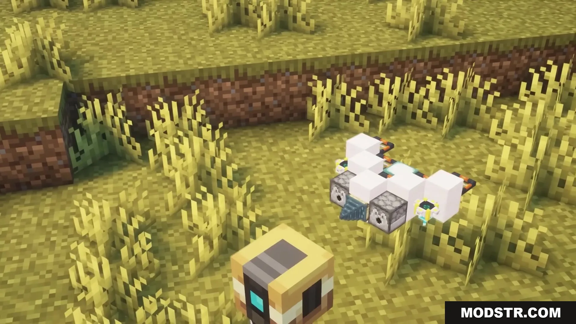 Buddy Drones Mod Screenshot 13 A custom drone built with white blocks and dispensers hovering in the grass