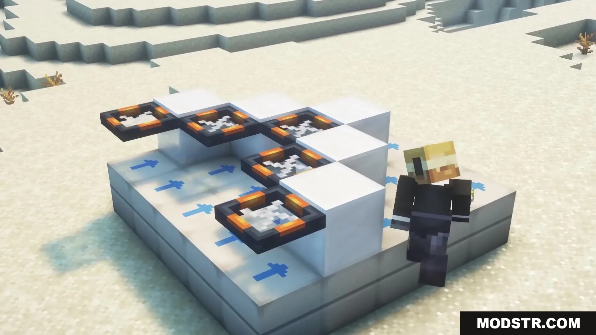 Buddy Drones Mod Screenshot 12 A player stands beside a custom drone built with white blocks and rotors