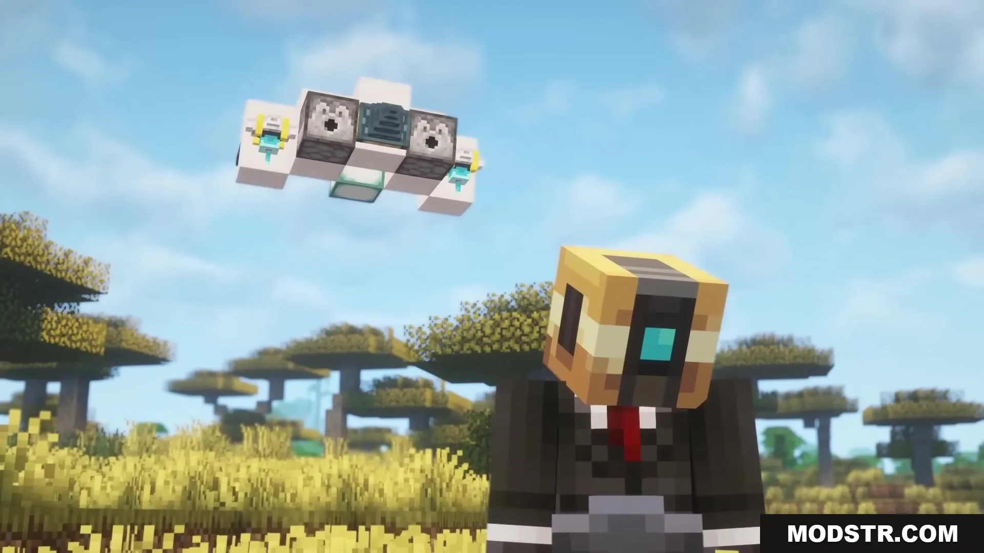 Buddy Drones Mod Screenshot 2 A small blocky drone with dispensers follows a player through a savanna biome