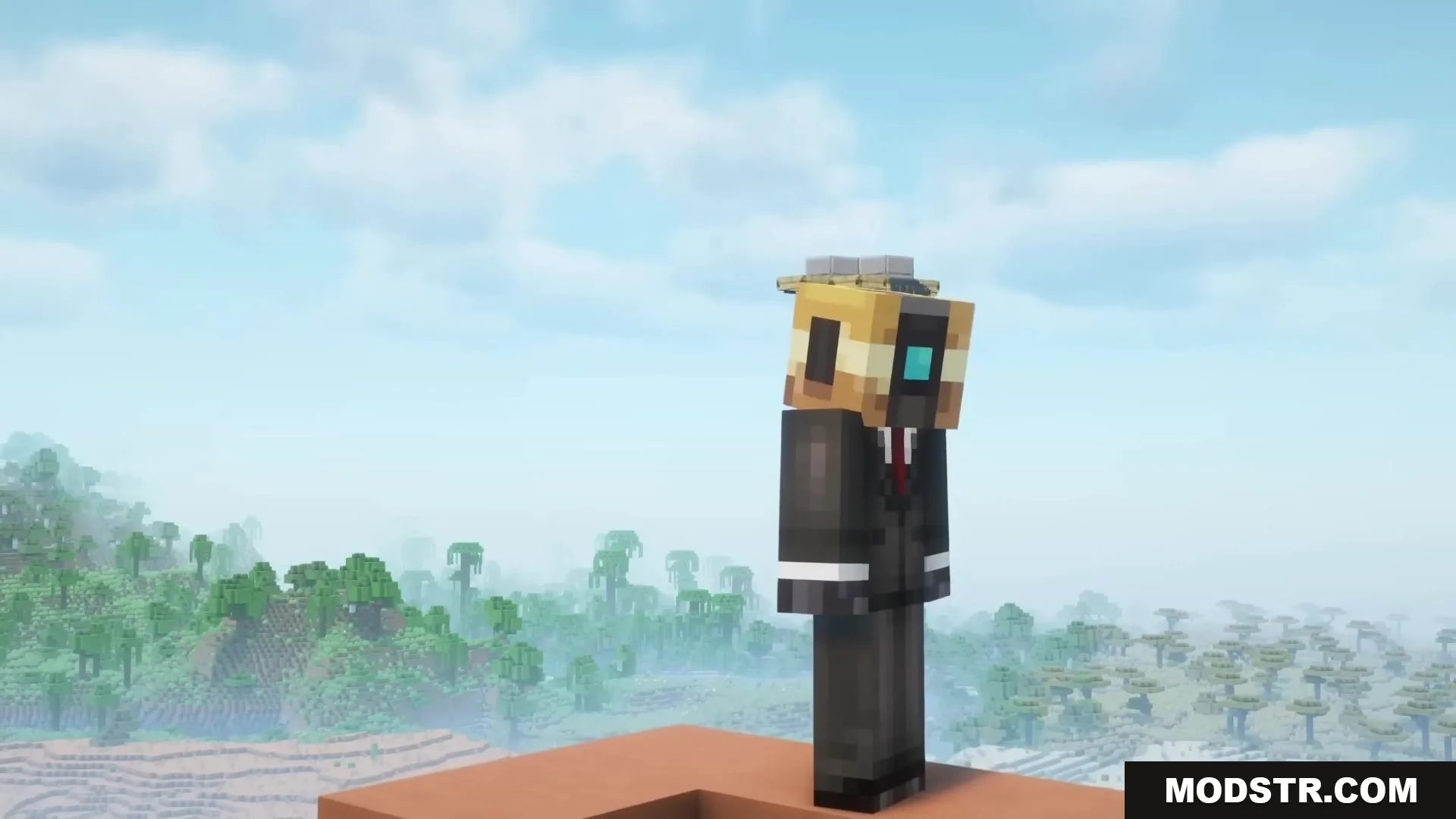Buddy Drones Mod Screenshot 3 A Minecraft character in a suit with a custom drone on their head