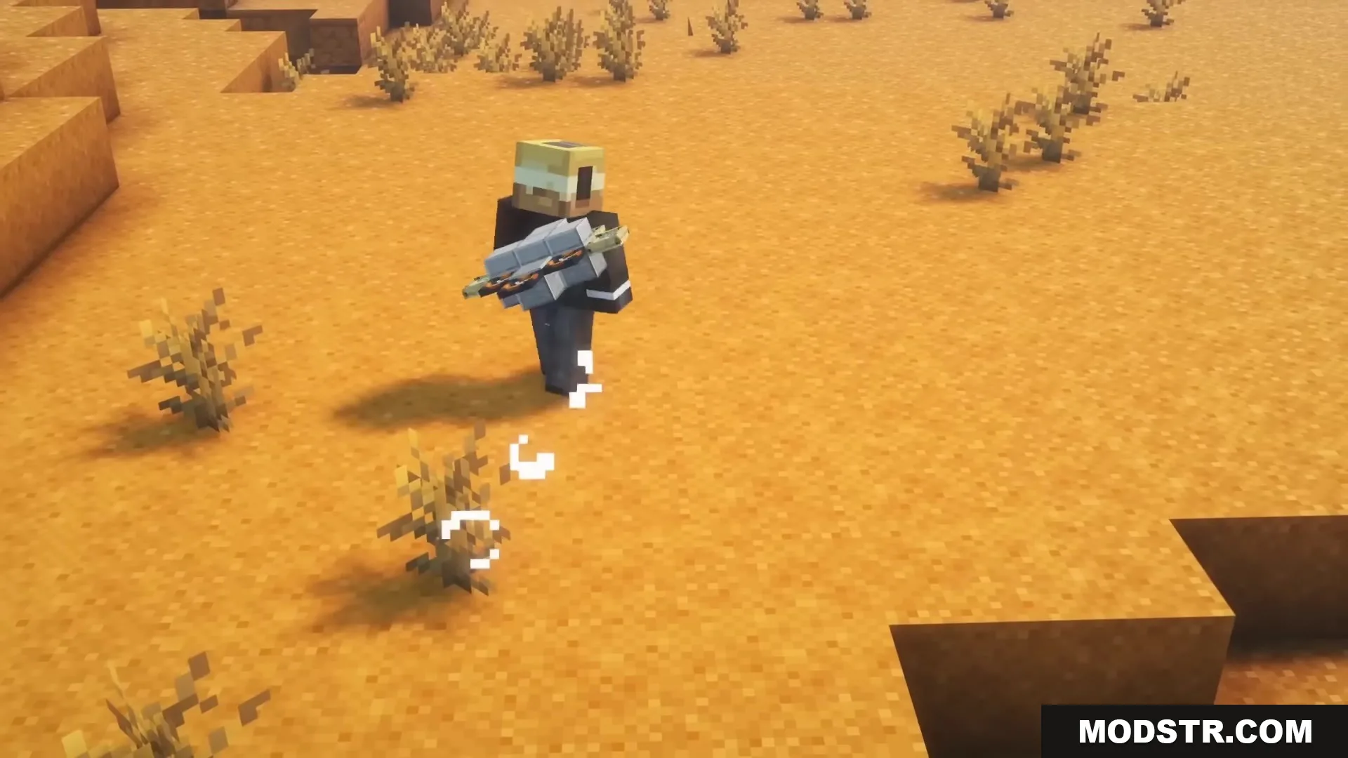 Buddy Drones Mod Screenshot 11 A player walks through a desert with a small flying drone following behind