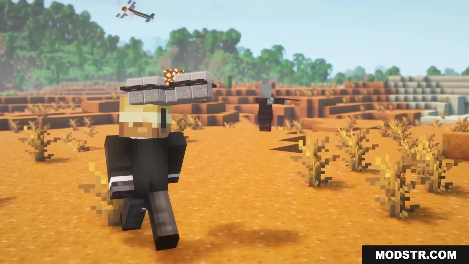 Buddy Drones Mod Screenshot 5 A Minecraft player walks through a desert with a small hovering drone