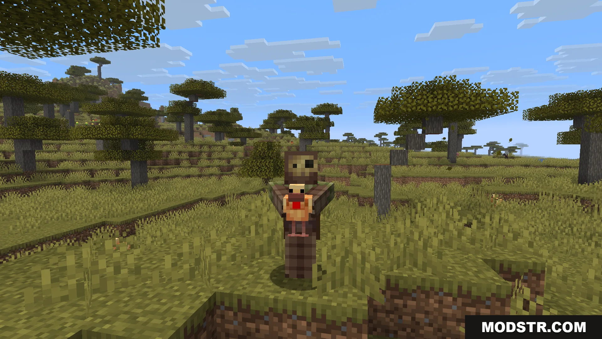 Carry Me Mod Screenshot 6 A player character holding a small chicken in a savanna biome environment