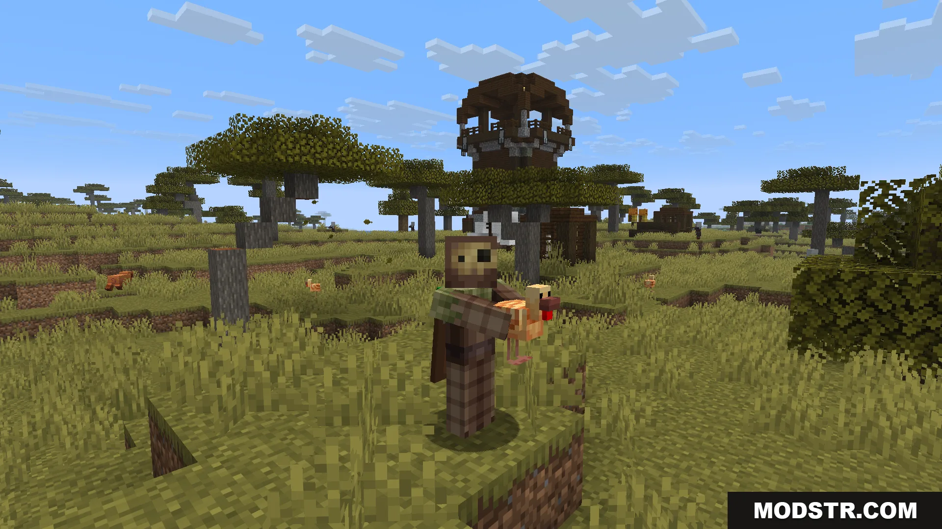 Carry Me Mod Screenshot 7 A player character carrying a chicken near a pillager outpost in the savanna