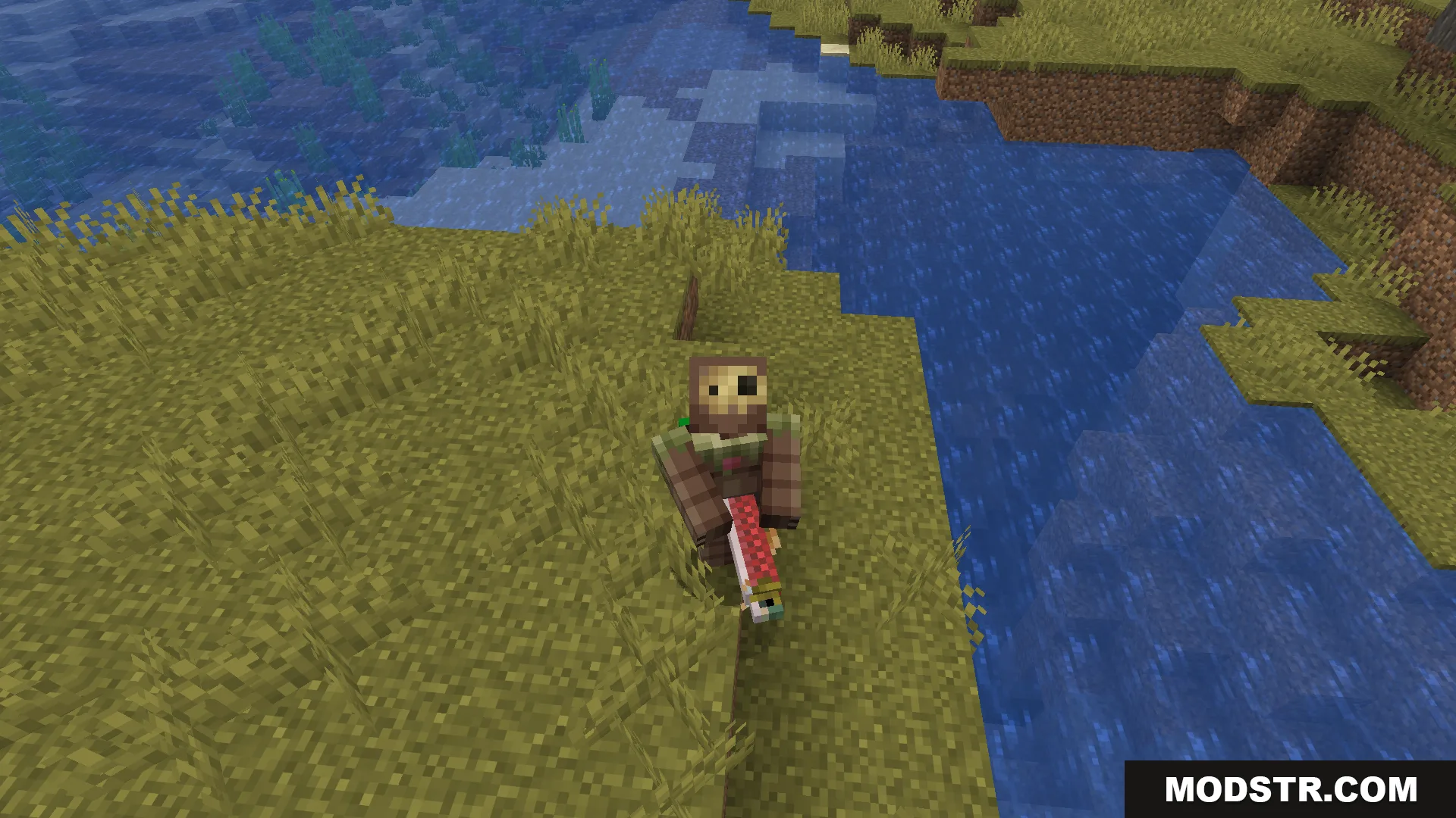 Carry Me Mod Screenshot 4 A player holding a large salmon while standing near a river bank