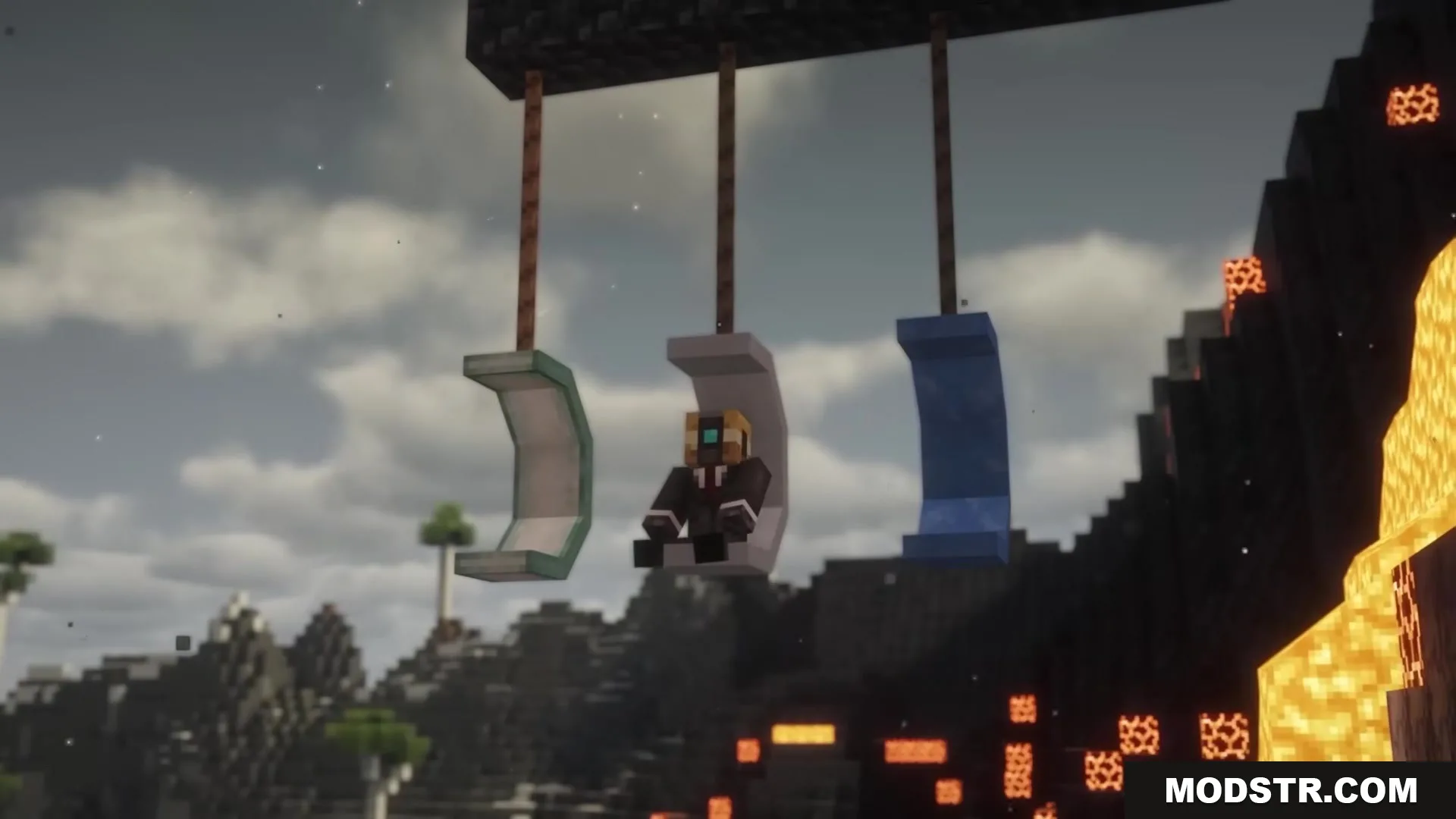 Casual Swing Mod Screenshot 9 A player character sitting on a white hanging swing in a Minecraft world