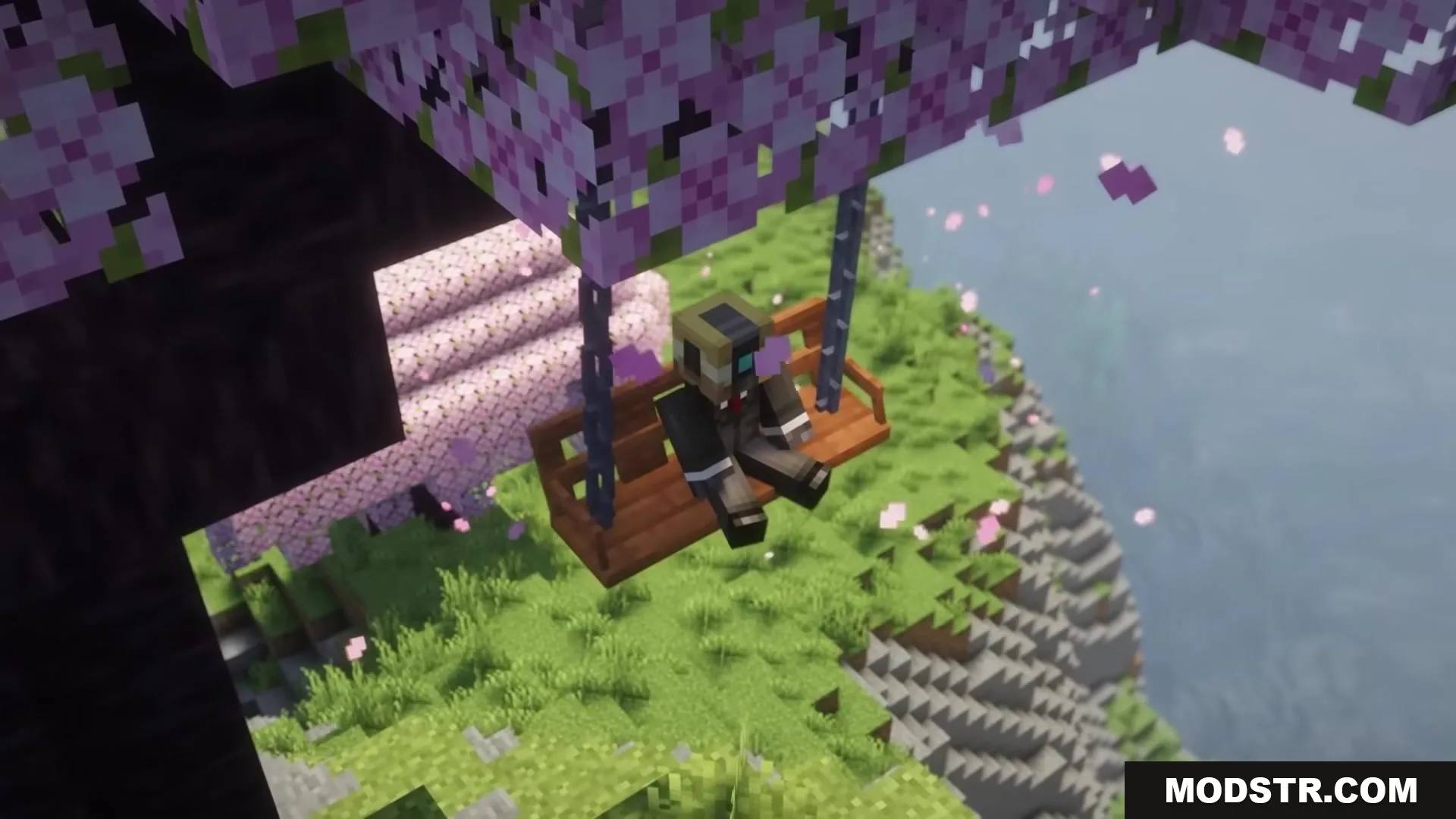 Casual Swing Mod Screenshot 2 A character sitting on a swing hanging from a cherry blossom tree branch