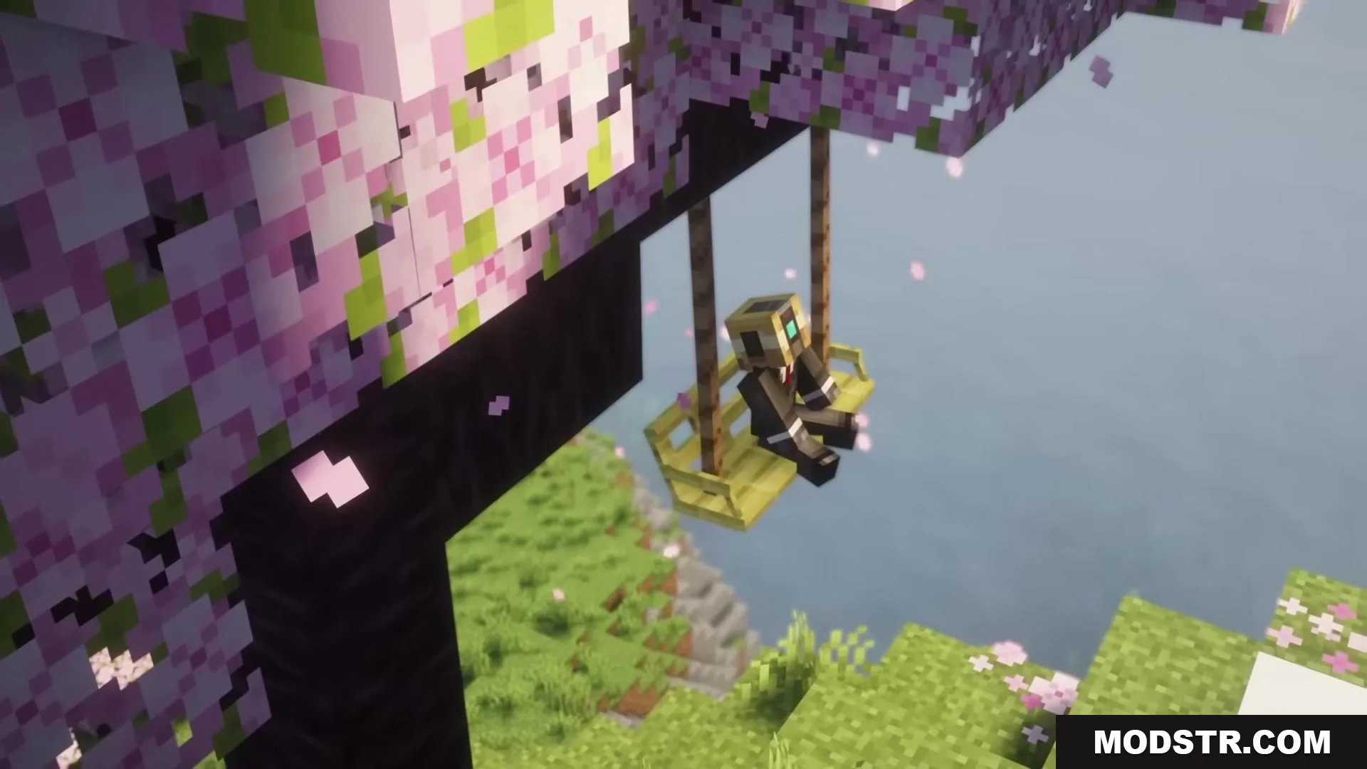 Casual Swing Mod Screenshot 7 A Minecraft character sitting on a yellow swing hanging from a cherry tree