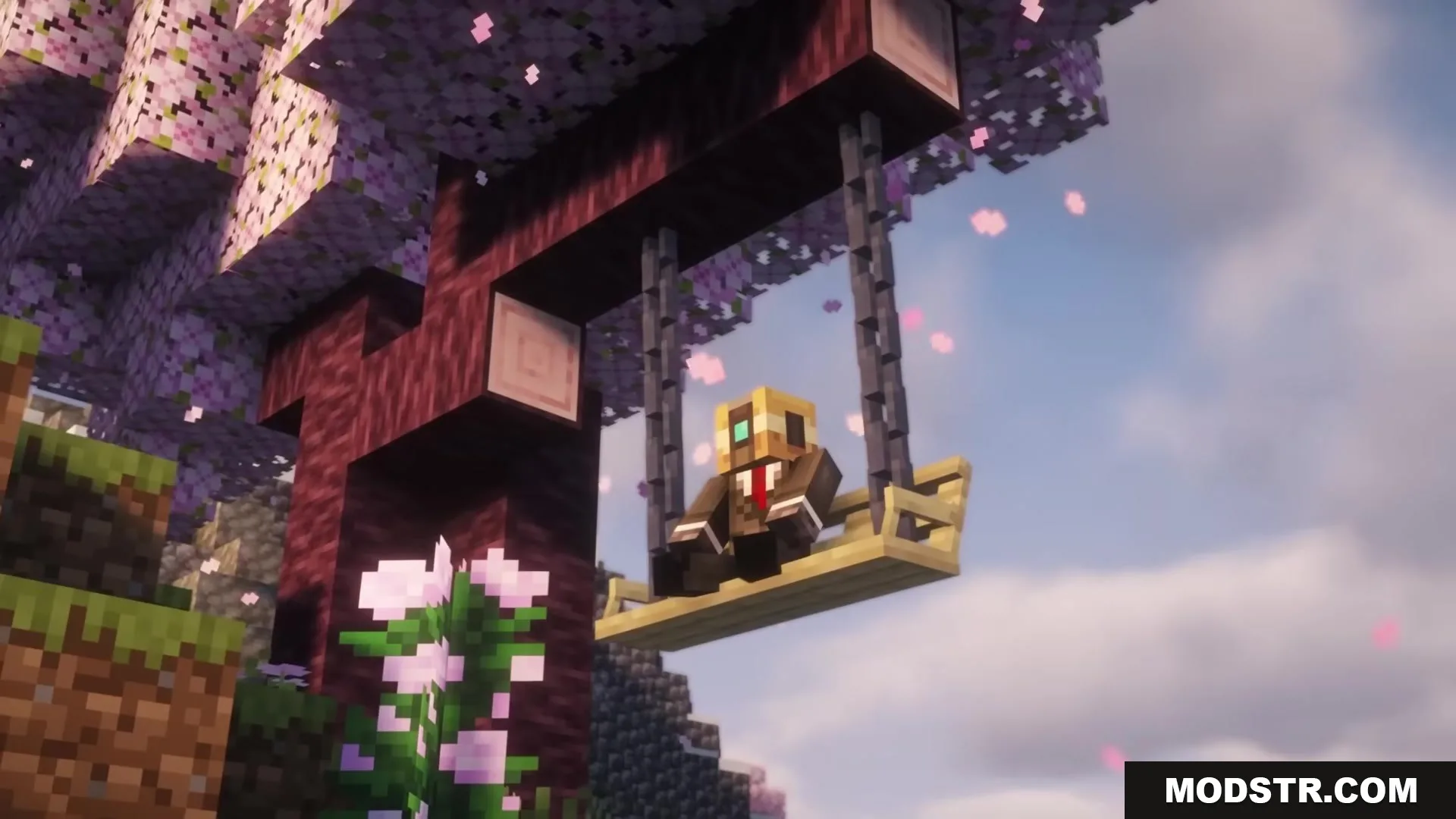Casual Swing Mod Screenshot 5 A player character sitting on a wooden swing under a cherry blossom tree