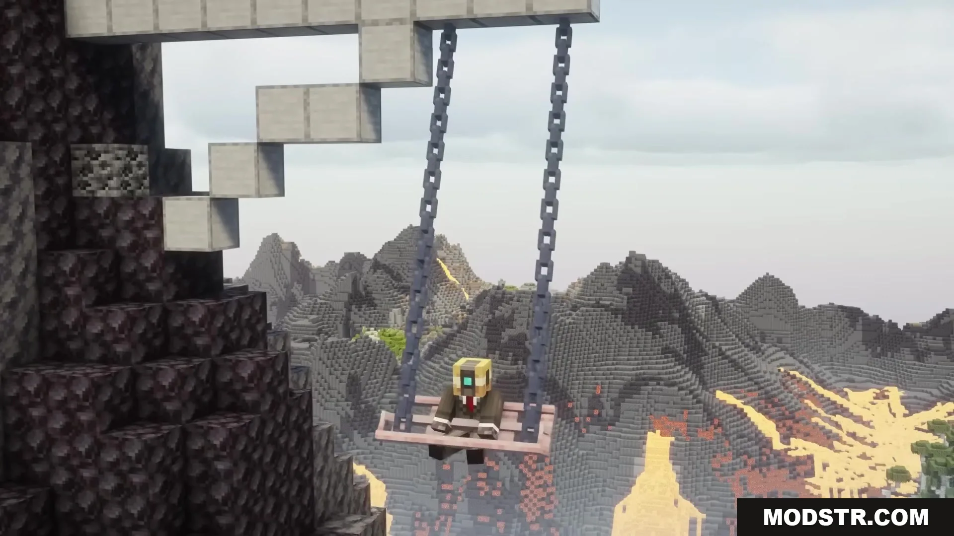 Casual Swing Mod Screenshot 8 A Minecraft character sitting on a pink swing above a vast mountain landscape