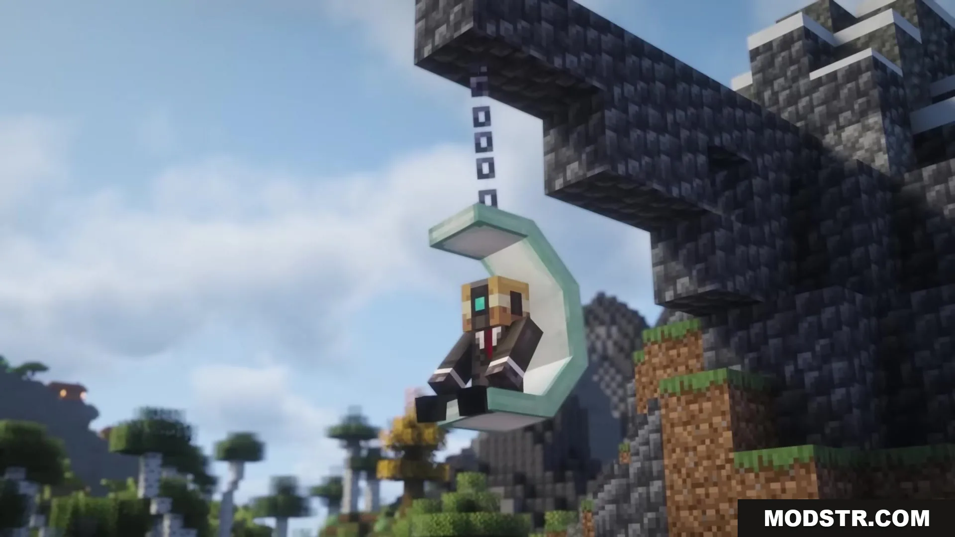 Casual Swing Mod Screenshot 3 A Minecraft character sitting on a modern curved swing hanging by a chain