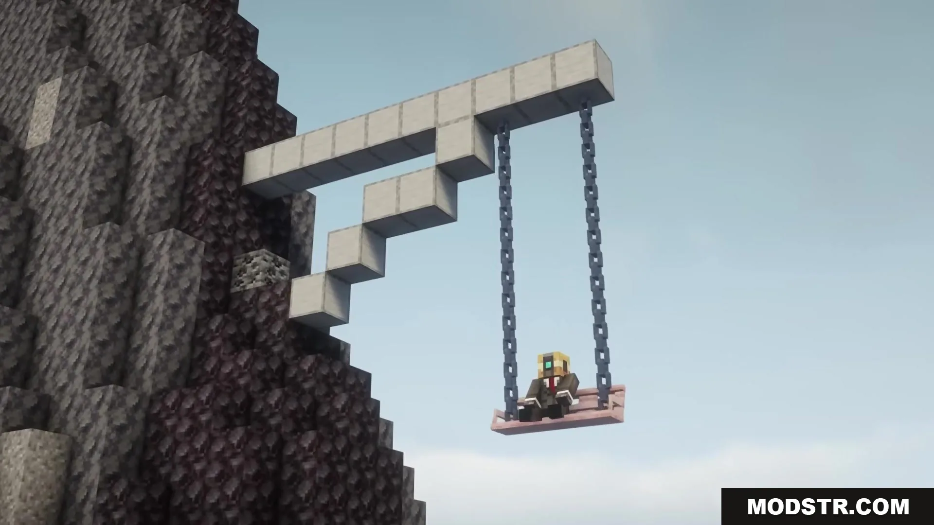 Casual Swing Mod Screenshot 1 A character sitting on a swing hanging from a stone structure above a cliff