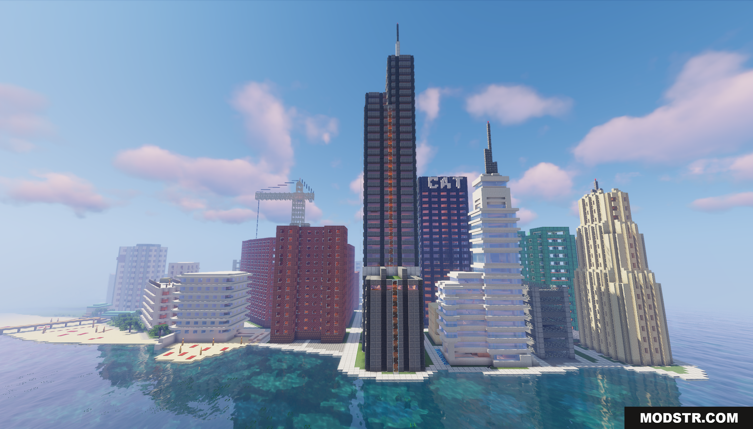 Cat City Map Screenshot 7 Wide coastal view of the Minecraft city island with tall skyscrapers