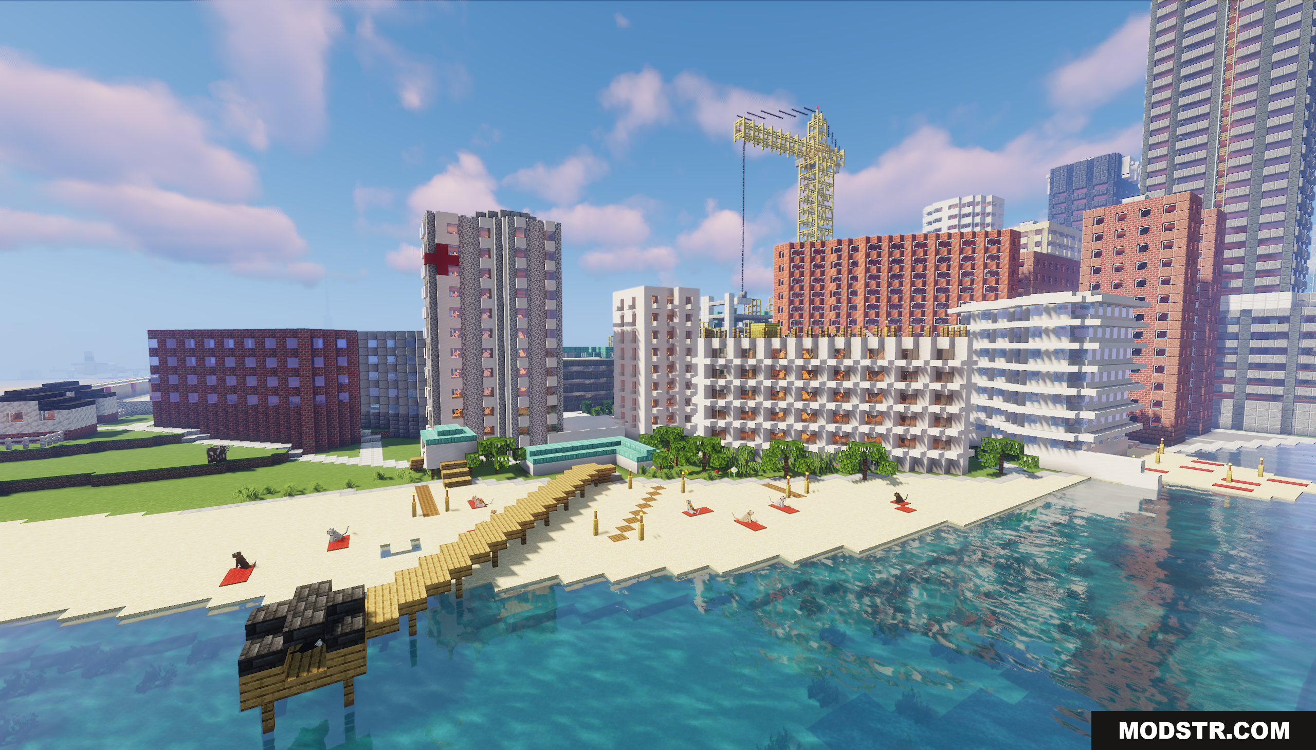 Cat City Map Screenshot 8 Beach area in Cat City Map featuring wooden pier and hospital building