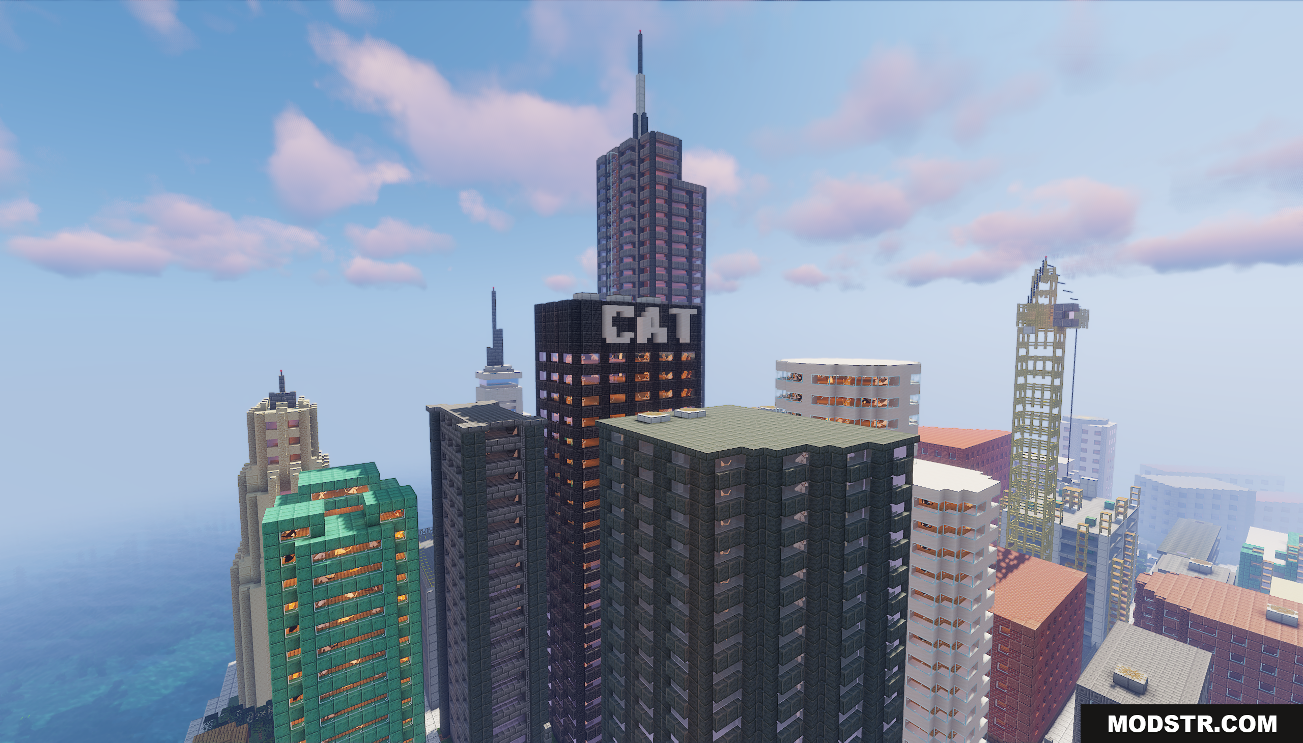 Cat City Map Screenshot 6 Aerial view of tall Minecraft city skyscrapers including a central black building
