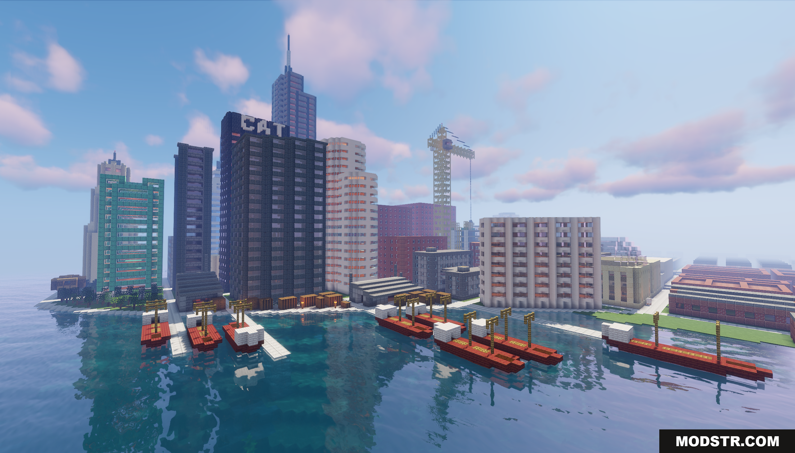 Cat City Map Screenshot 5 Coastal Minecraft city skyline view featuring a port with cargo ships