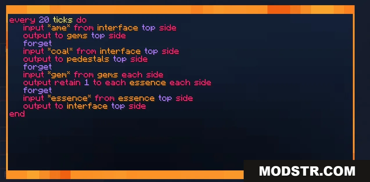 Catalytic Tweaks Mod Screenshot 3 A script interface showing automation logic for items and essence in Minecraft