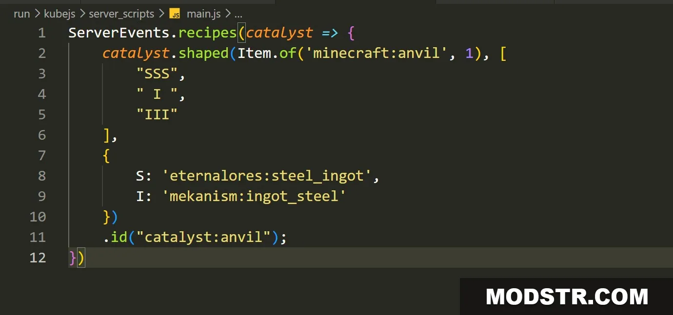 Catalytic Tweaks Mod Screenshot 1 A code editor displaying a custom KubeJS script for an anvil recipe