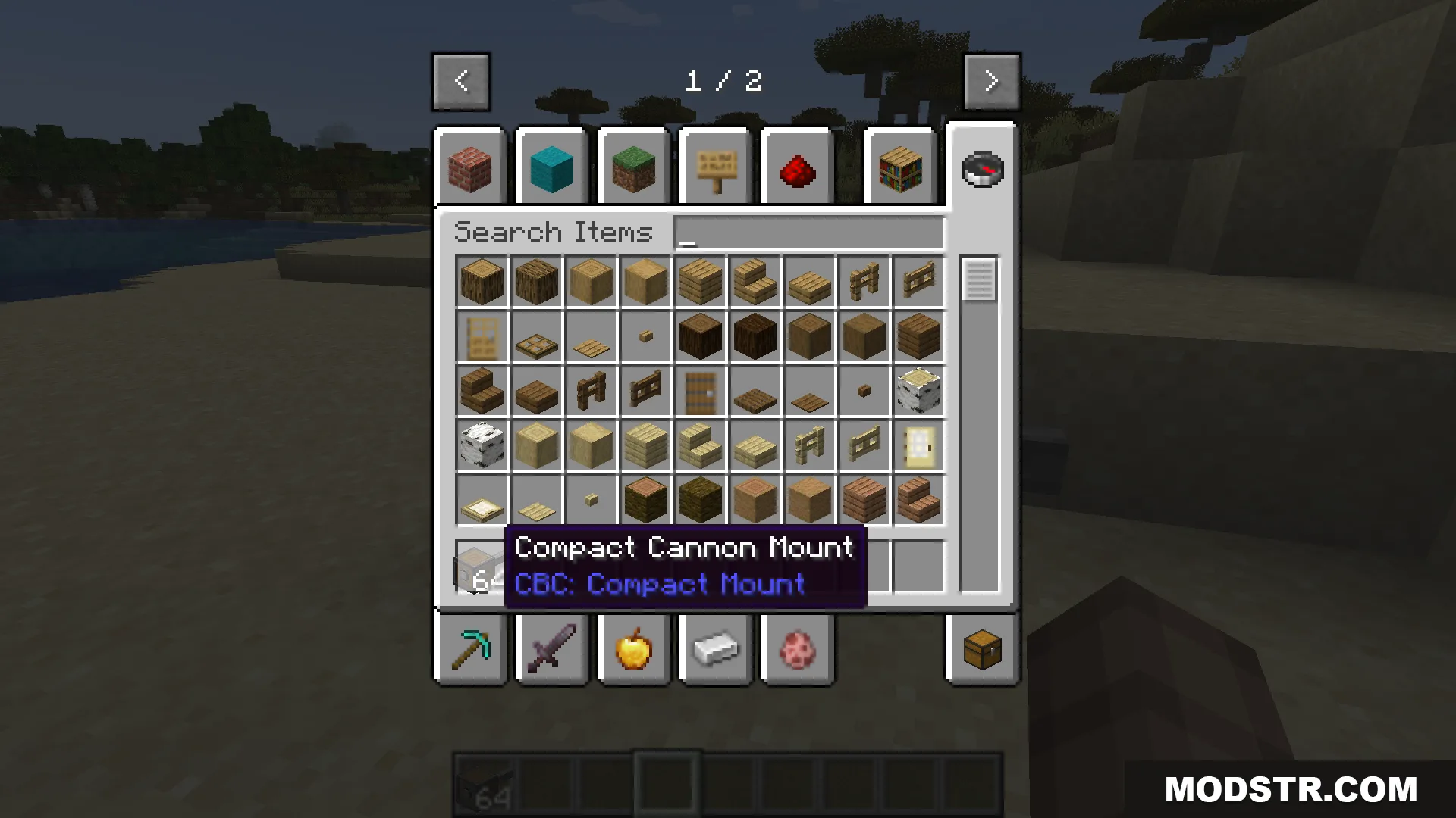 Selecting the Compact Cannon Mount block from the creative inventory search menu