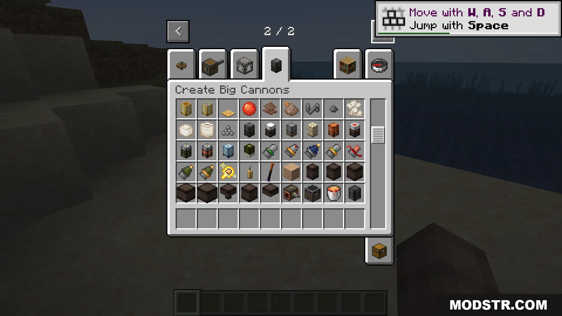 Creative inventory tab showing a variety of cannon parts and ammunition