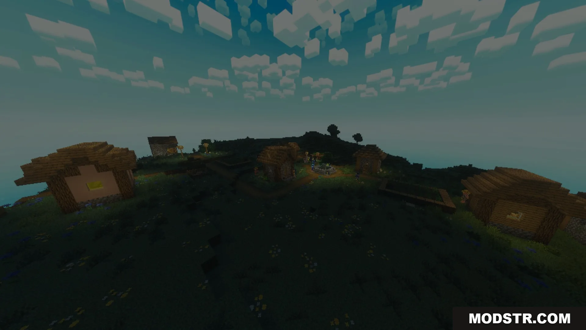 Chroma Shader Screenshot 4 Warm light illuminates a small village under a dark and cloudy sky