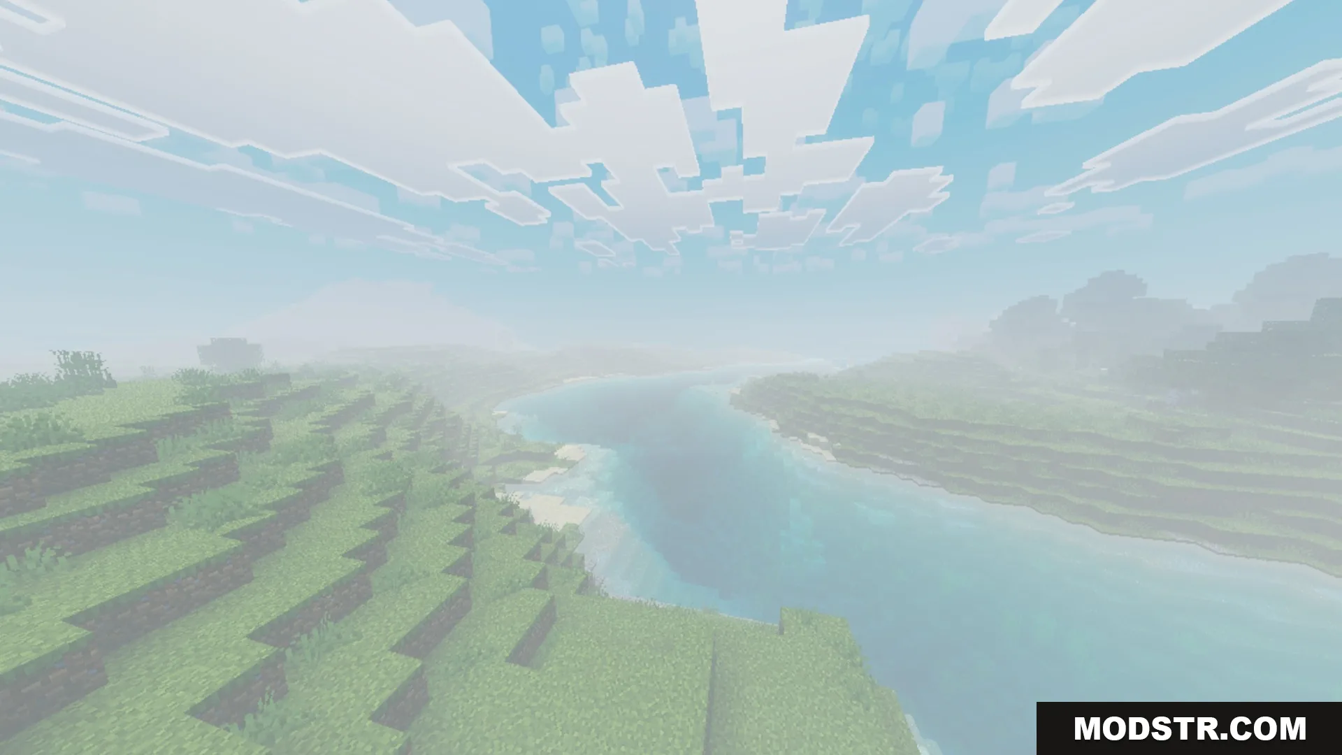 Chroma Shader Screenshot 5 A scenic river valley in Minecraft with thick atmospheric fog and blocky clouds