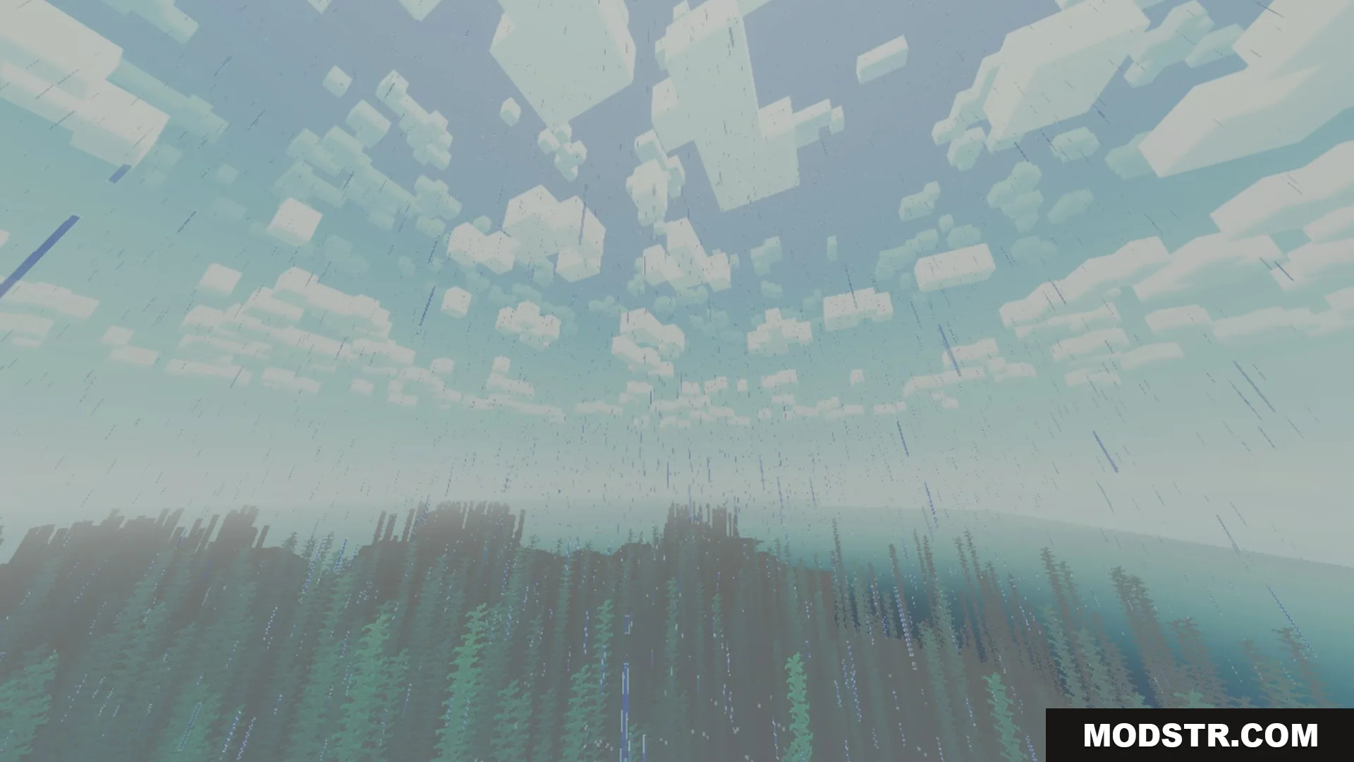 Chroma Shader Screenshot 10 Rain falling over a misty forest biome under a cloudy Minecraft sky