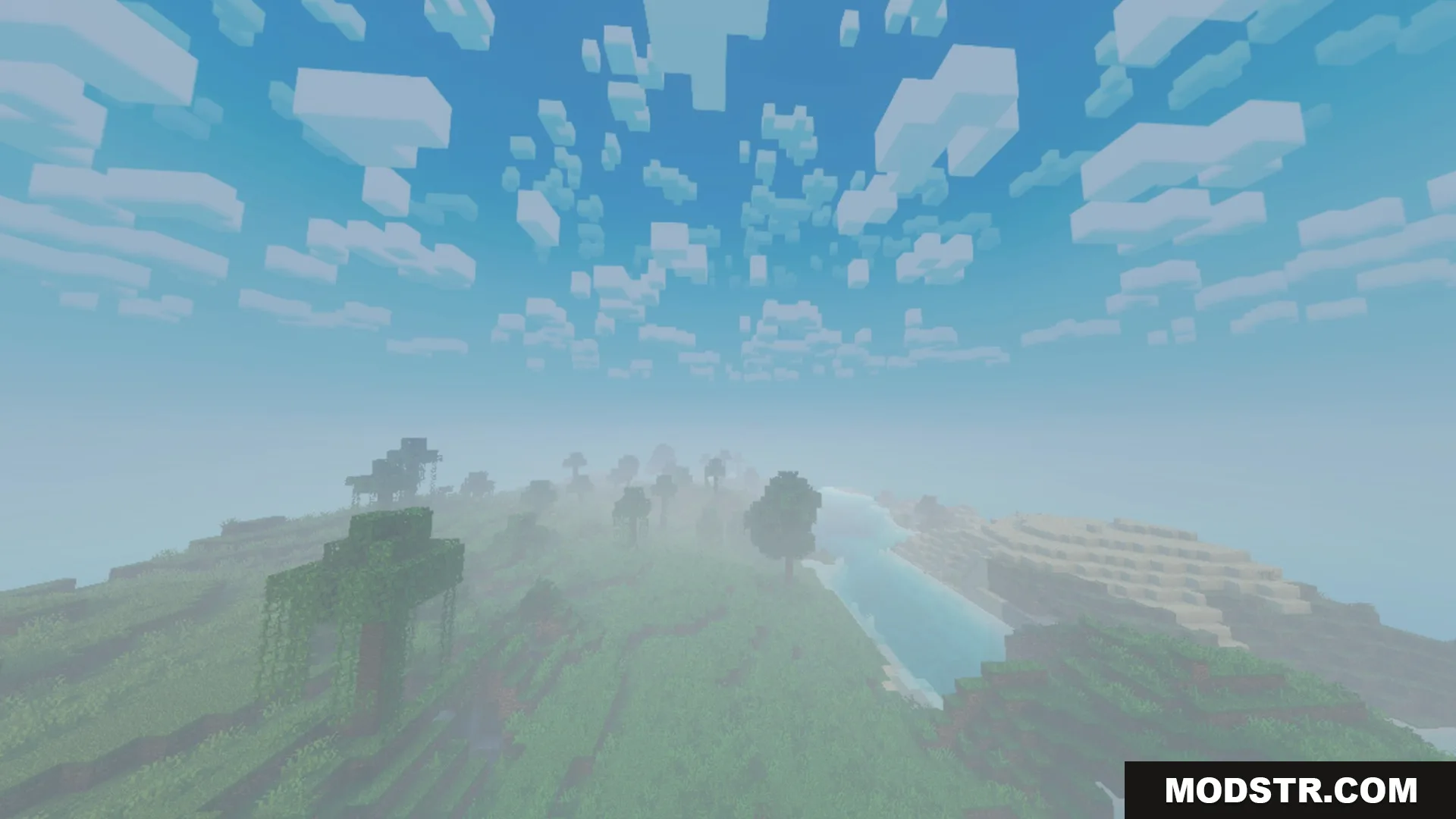 Chroma Shader Screenshot 9 A scenic Minecraft landscape featuring realistic fog over green hills and water
