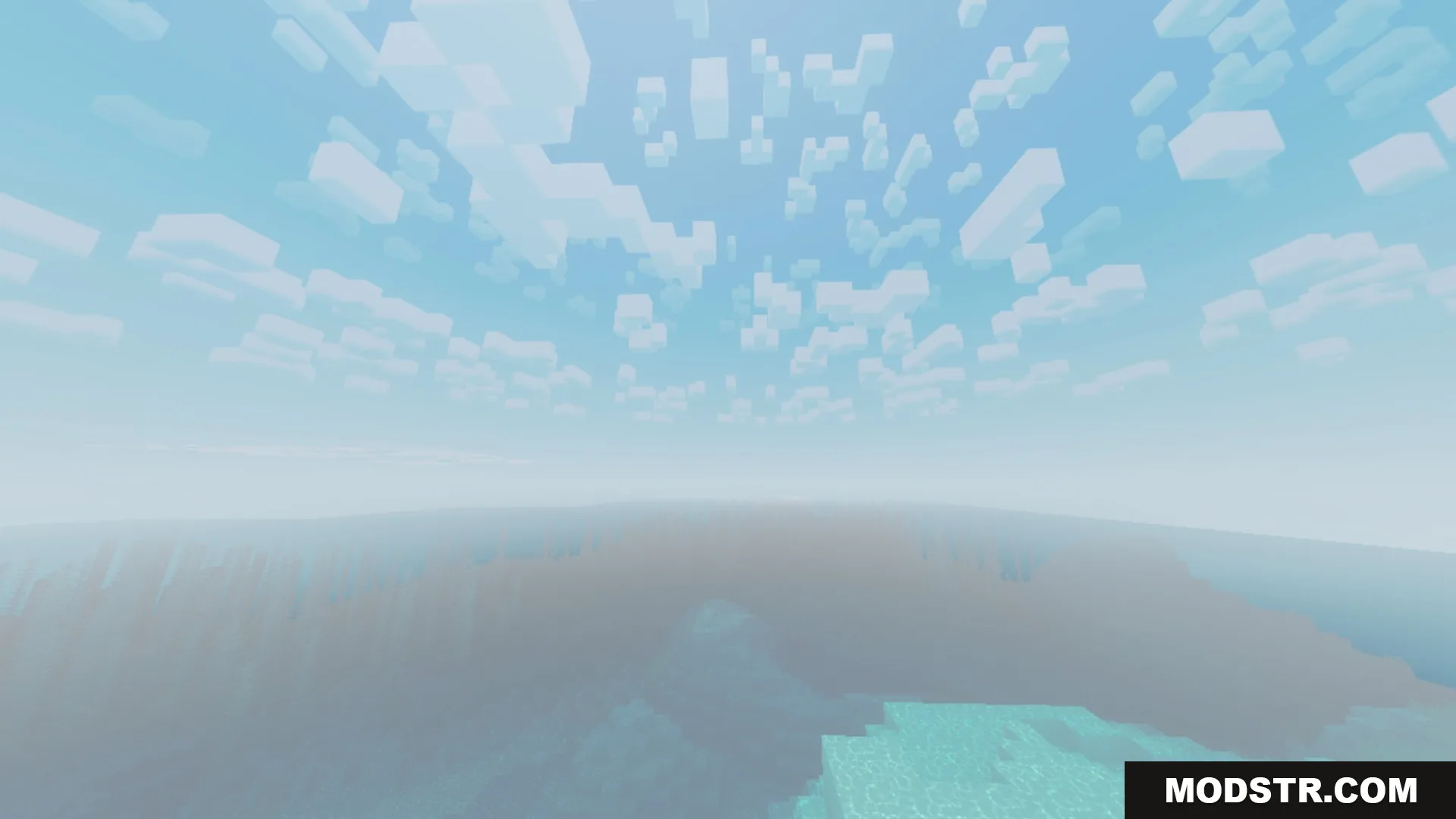 Chroma Shader Screenshot 1 Blocky clouds drift across a bright sky above a misty ocean landscape
