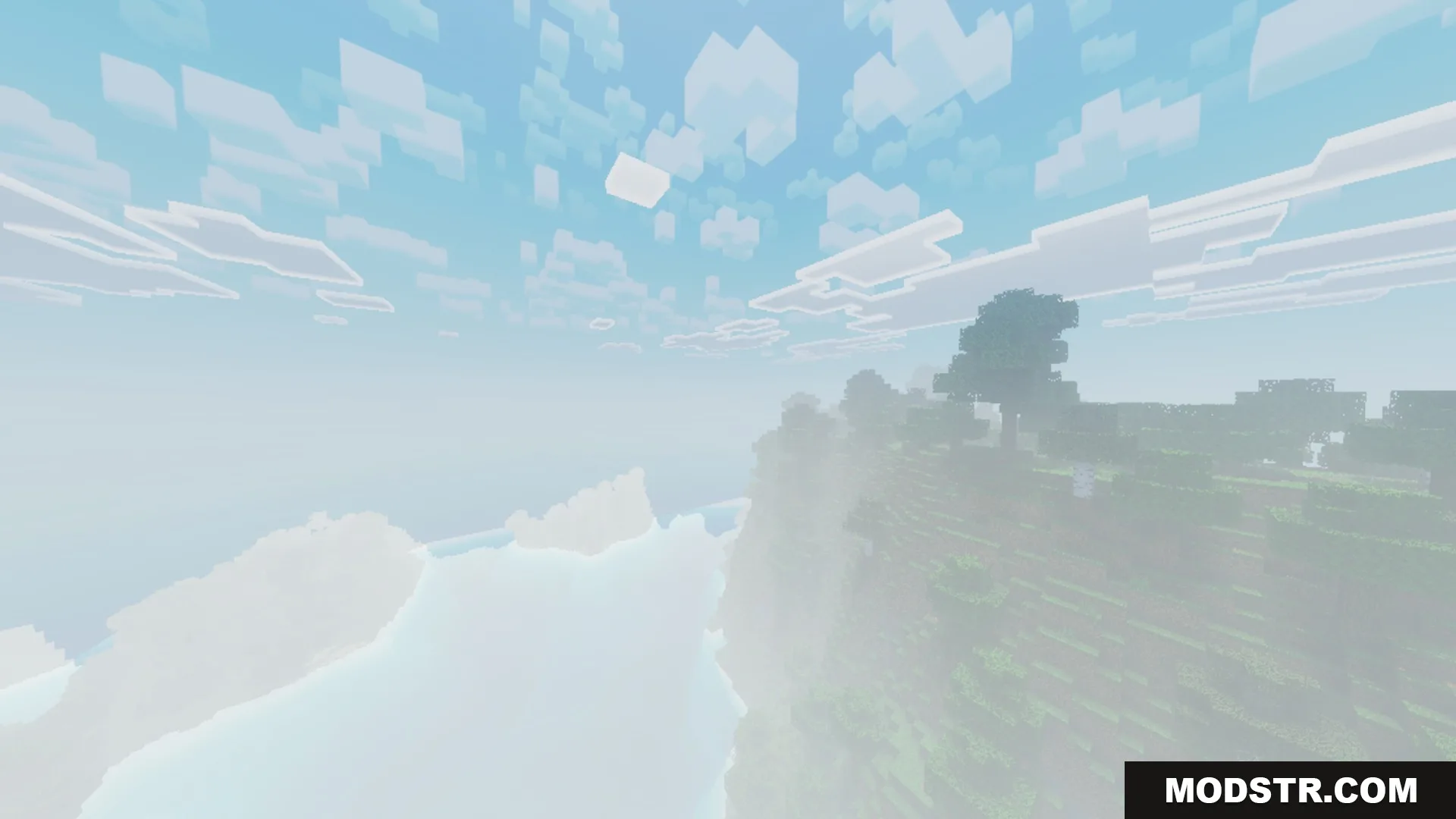 Chroma Shader Screenshot 6 A misty cliffside view in Minecraft featuring realistic fog and blocky white clouds