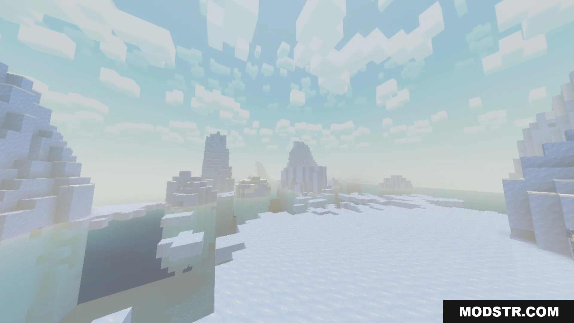 Chroma Shader Screenshot 3 Soft lighting and thick fog enhance the atmosphere of a snowy biome