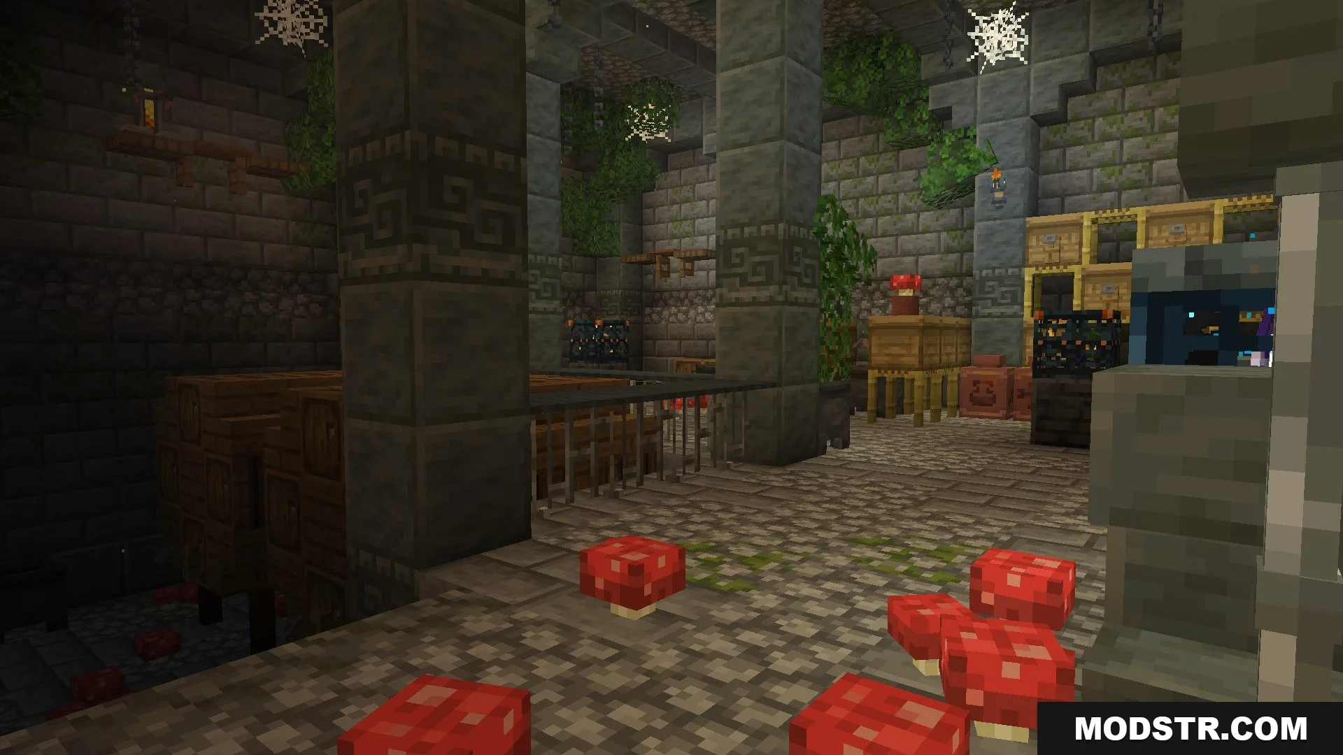 Citadel of Trials Data Pack Screenshot 6 Red mushrooms grow on the floor of a detailed underground stronghold room